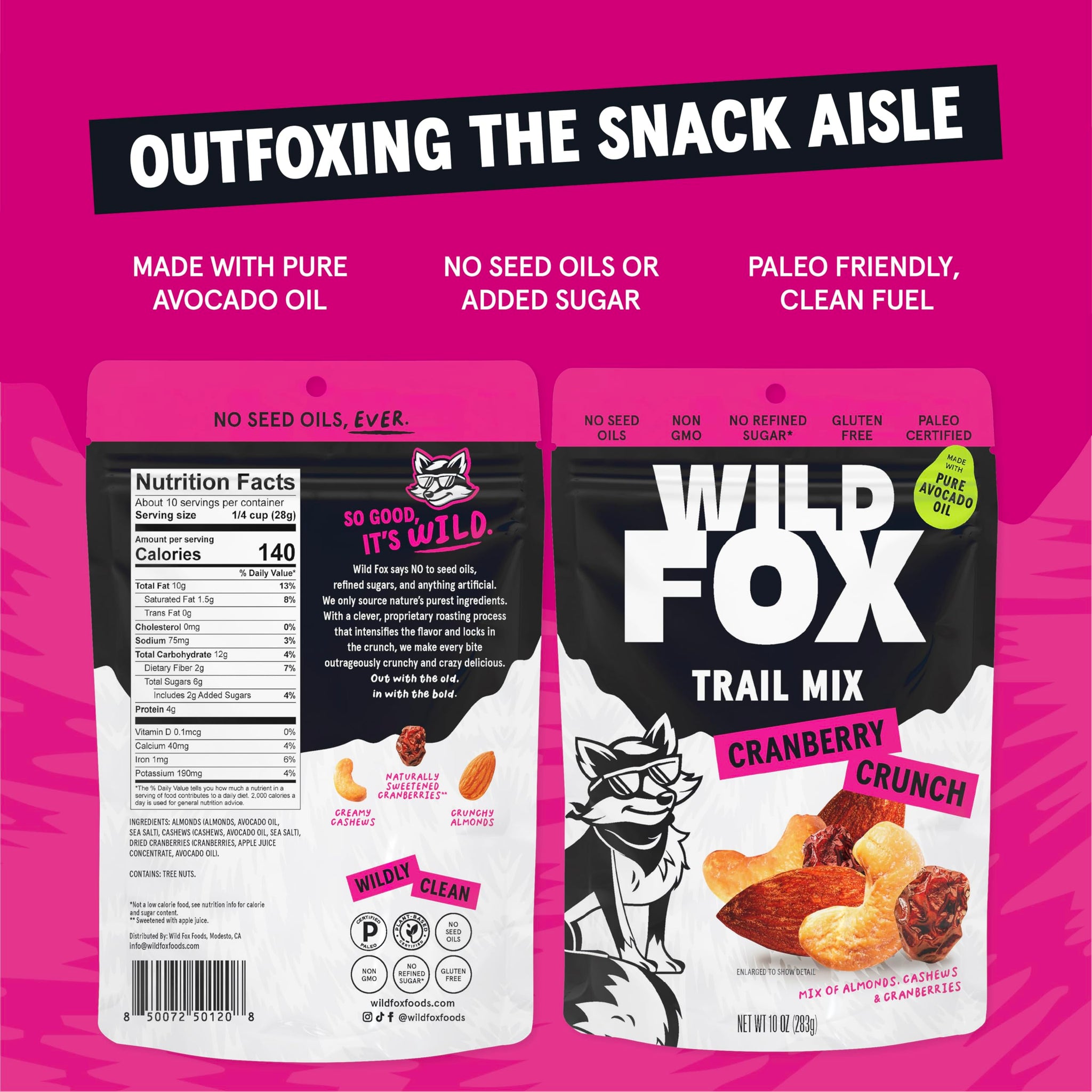 Wild Fox Trail Mix - Healthy Plant-Based Snack Made With Pure Avocado Oil And No Refined Sugar Or Seed Oils Ideal For Vegan Gluten-Free And Paleo