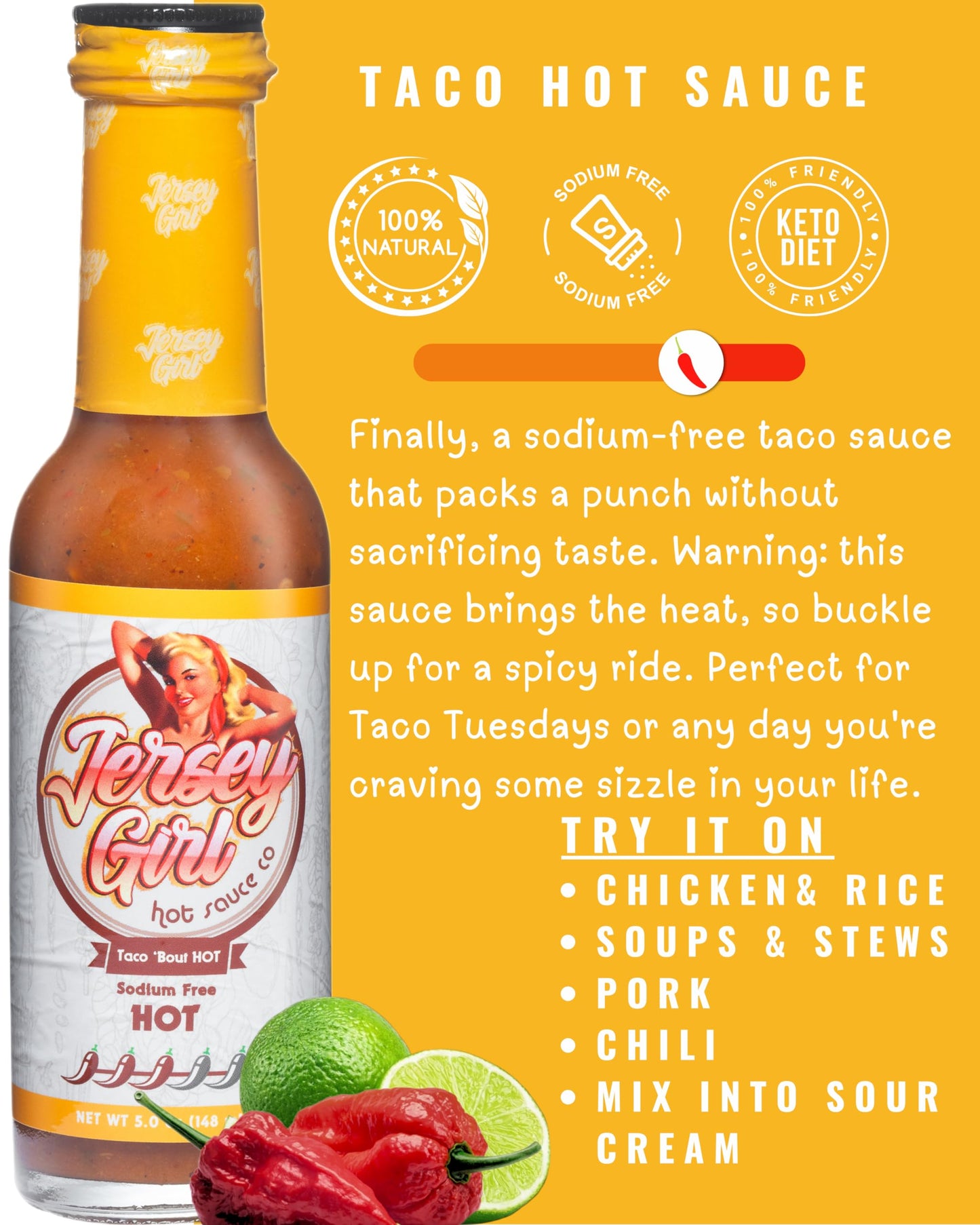Jersey Girl Taco 'Bout Hot Sauce - No Added Salt, Naturally Sodium Free, Gluten Free, Keto Friendly, Ghost, Jalapeno & Habanero Pepper Sauce - 5oz