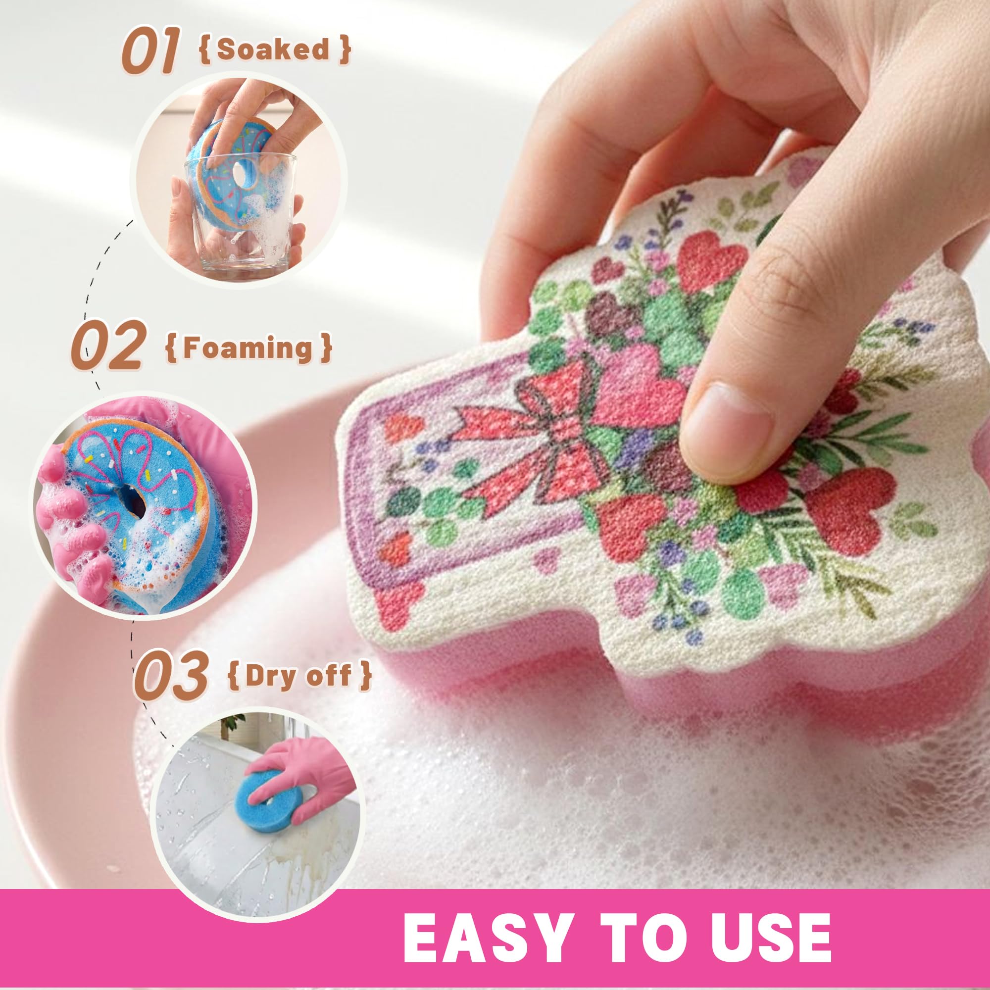 Bulimumu 3-Layer Floral Vase Dish Sponge (6 Pack) - Swedish Dishcloth Top + Soft Sponge Middle + Smart Temperature-Sensing Scrubber - Dual-Action