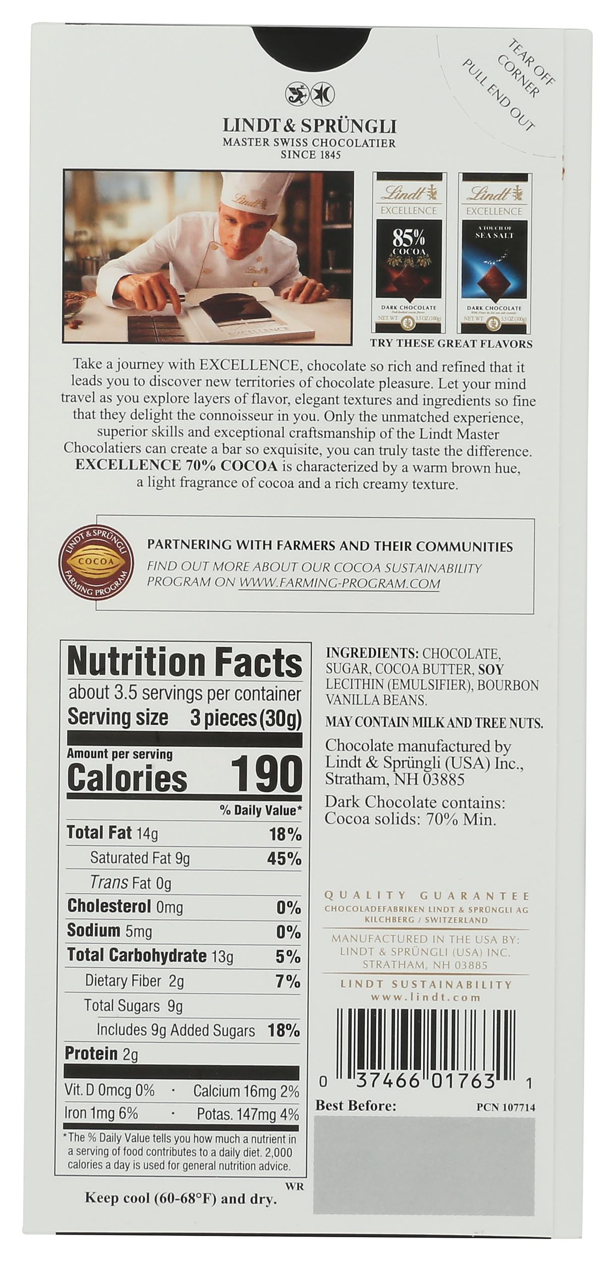 Lindt, 70% Cocoa Dark Chocolate Candy Bar, Dark Chocolate, . Bar, 3.5 Ounce