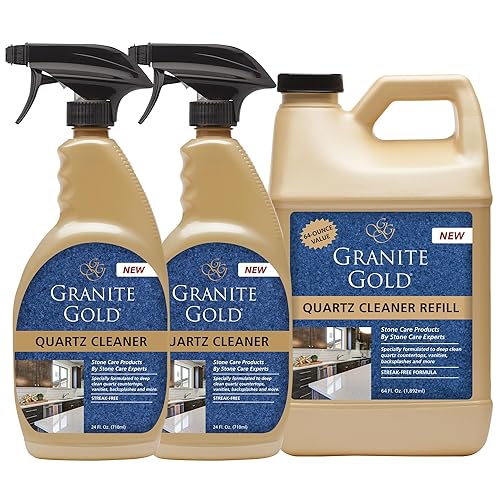 Granite Gold Quartz Cleaner Spray for Caesarstone, Cambria, Silestone and All Other Quartz Countertop Surfaces, 64 Fluid Ounces and 2 x 24 Fluid