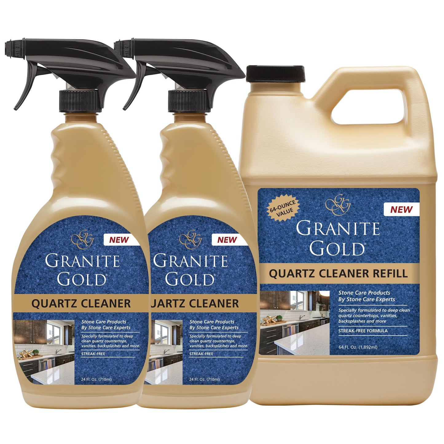Granite Gold Quartz Cleaner Spray for Caesarstone, Cambria, Silestone and All Other Quartz Countertop Surfaces, 64 Fluid Ounces and 2 x 24 Fluid