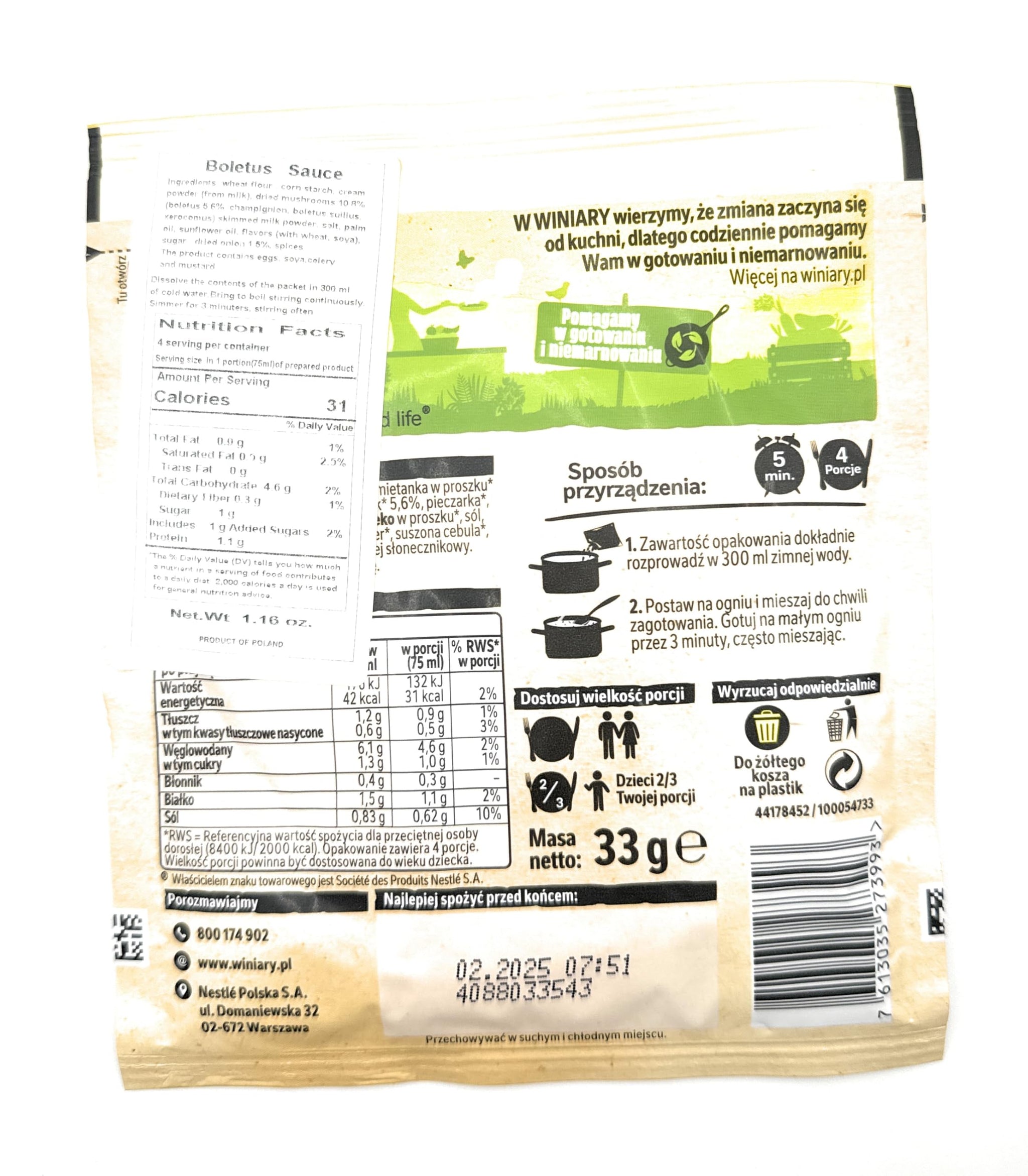WINIARY BOLETUS SAUCE Sos Borowikowy 33g x 3 pack Product from Poland.