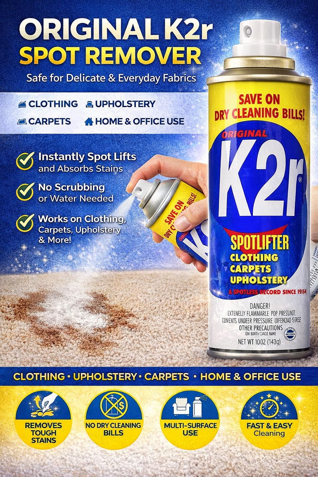 K2R SpotLifter Spot Remover Spray - Quick-Drying Stain Remover for Clothing, Carpets, Upholstery & Wallpaper - Built-In Brush Cap for No-Mess
