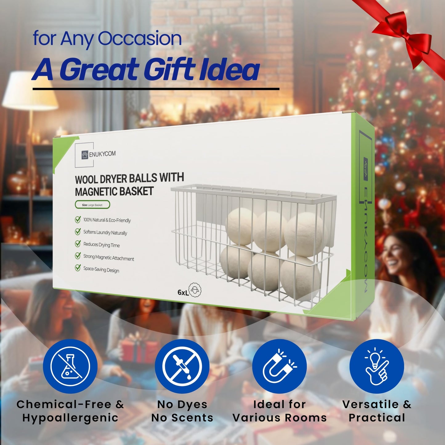 6 XL Wool Dryer Balls & Magnetic Dryer Ball Holder - Natural Fabric Softener, Reusable, Reduces Clothing Wrinkles and Saves Drying Time - Dryer Ball