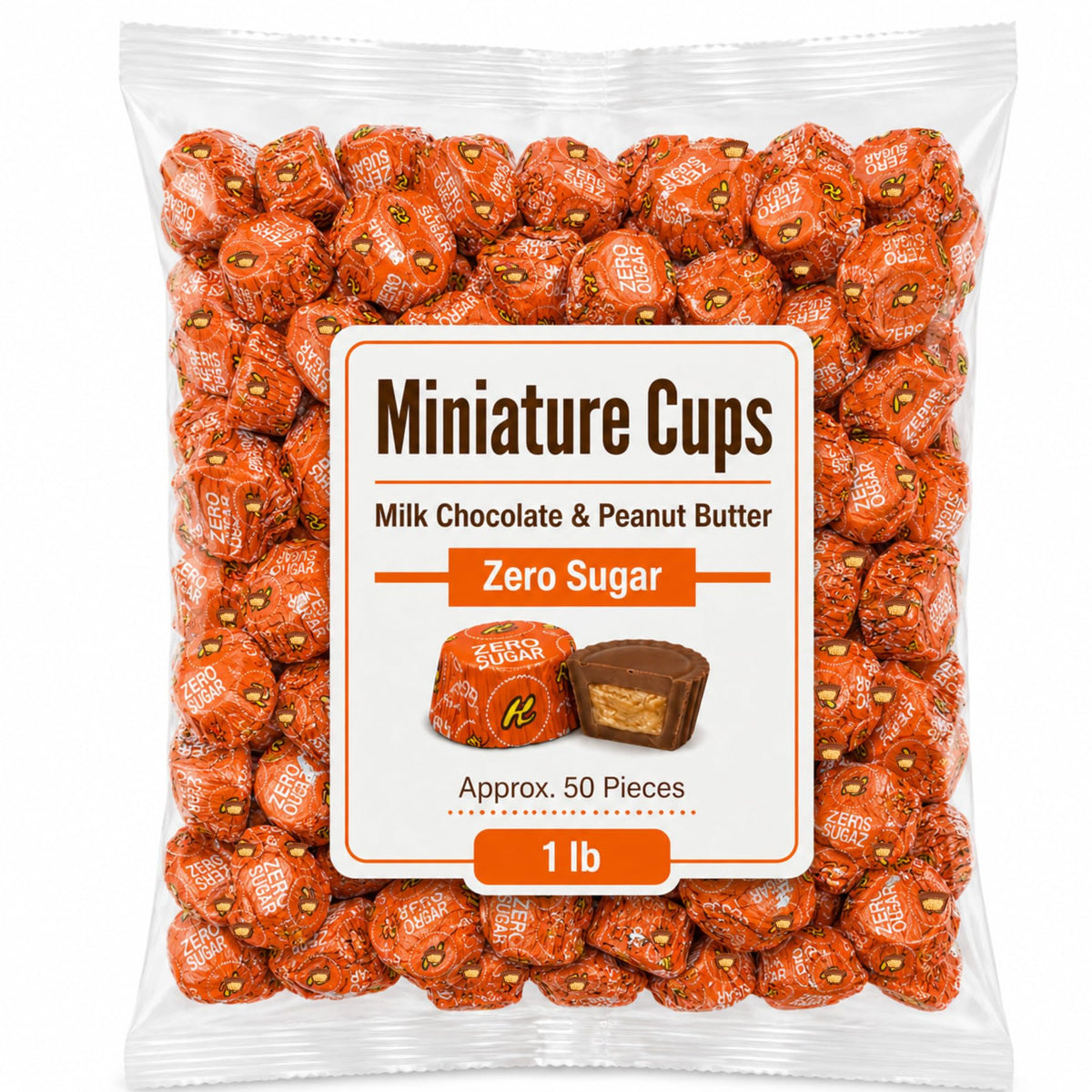 Sugar Free Mini Peanut Butter Cups Candy Individually Wrapped Bulk Bag - 1 lb (Approx. 50 pieces)