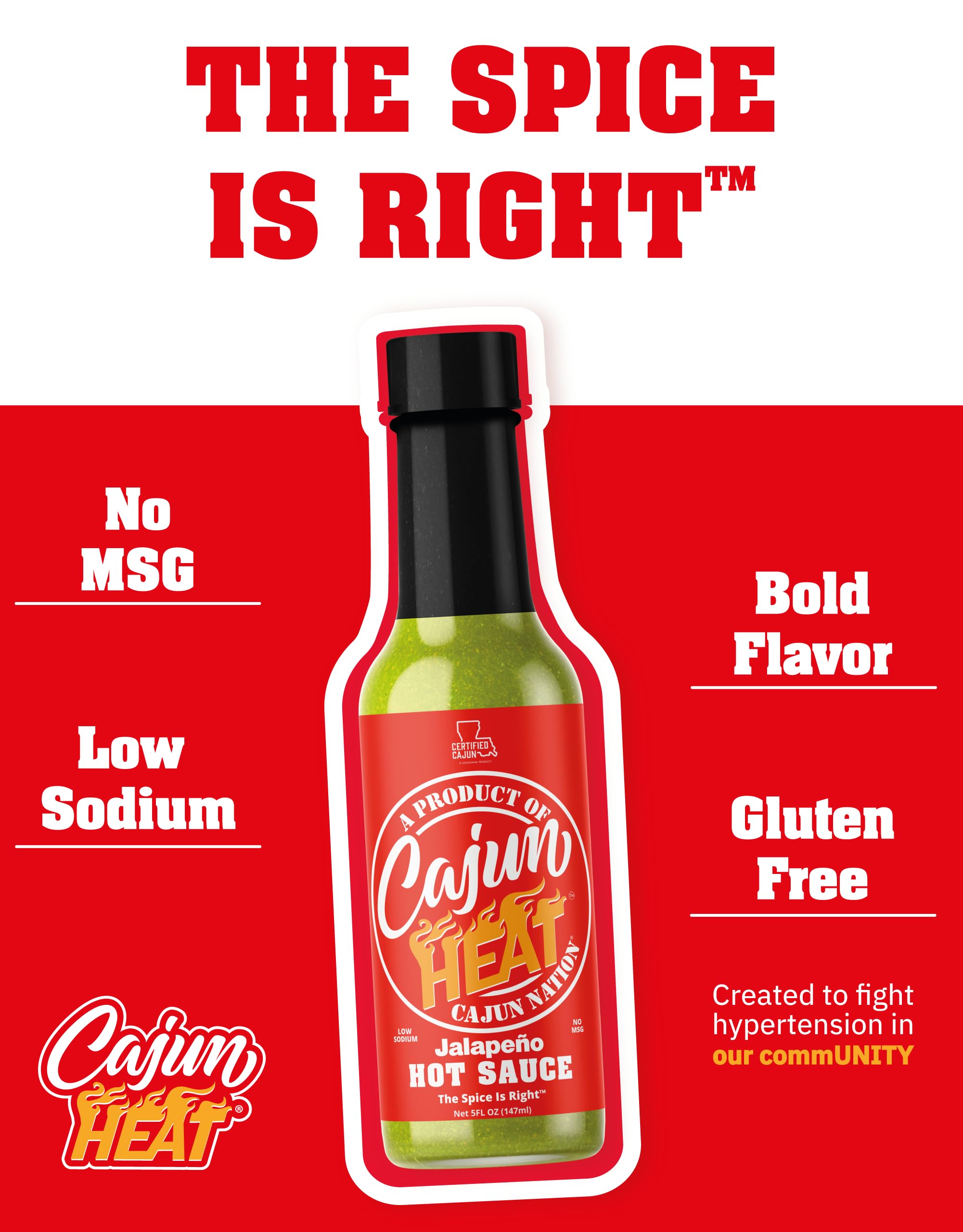 Cajun Nation CAJUN HEAT Jalapeno Hot Sauce 5oz - Bold Green Pepper Flavor with No MSG - Authentic Louisiana Style Heat from the Cajun Coast - Low
