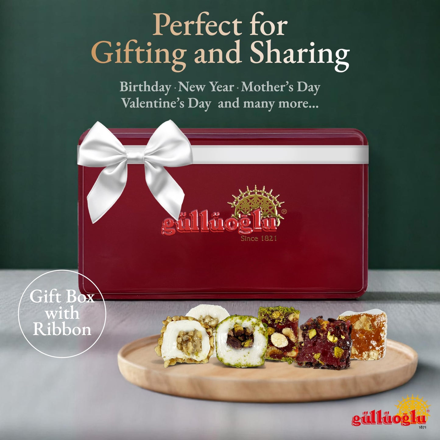 Gulluoglu Assorted Premium Turkish Delight Candy Gift Set, 1.65 lb - 750 gr, Approx. 30-32 pieces, daily fresh shipment from Istanbul/Turkey