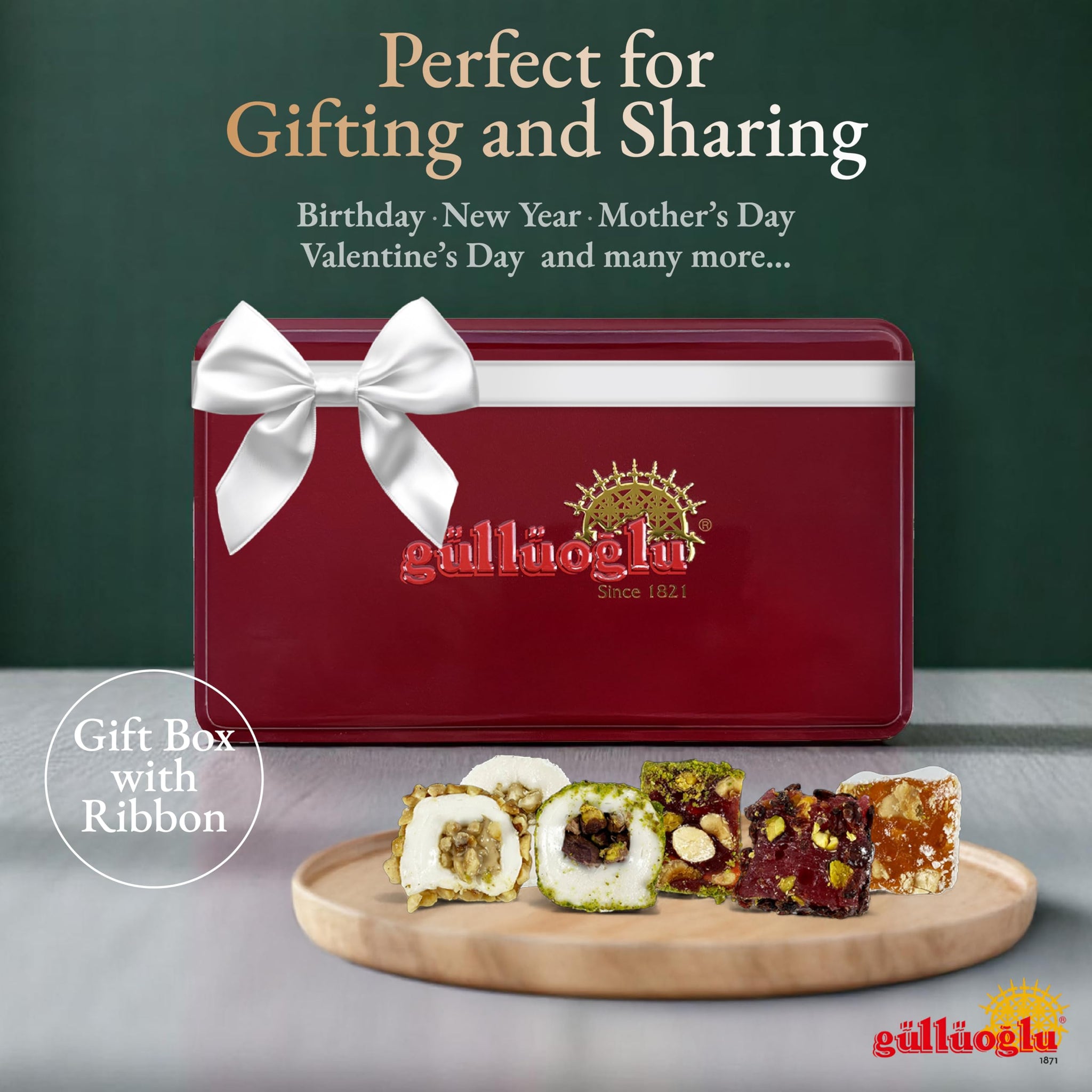 Gulluoglu Assorted Premium Turkish Delight Candy Gift Set, 1.65 lb - 750 gr, Approx. 30-32 pieces, daily fresh shipment from Istanbul/Turkey