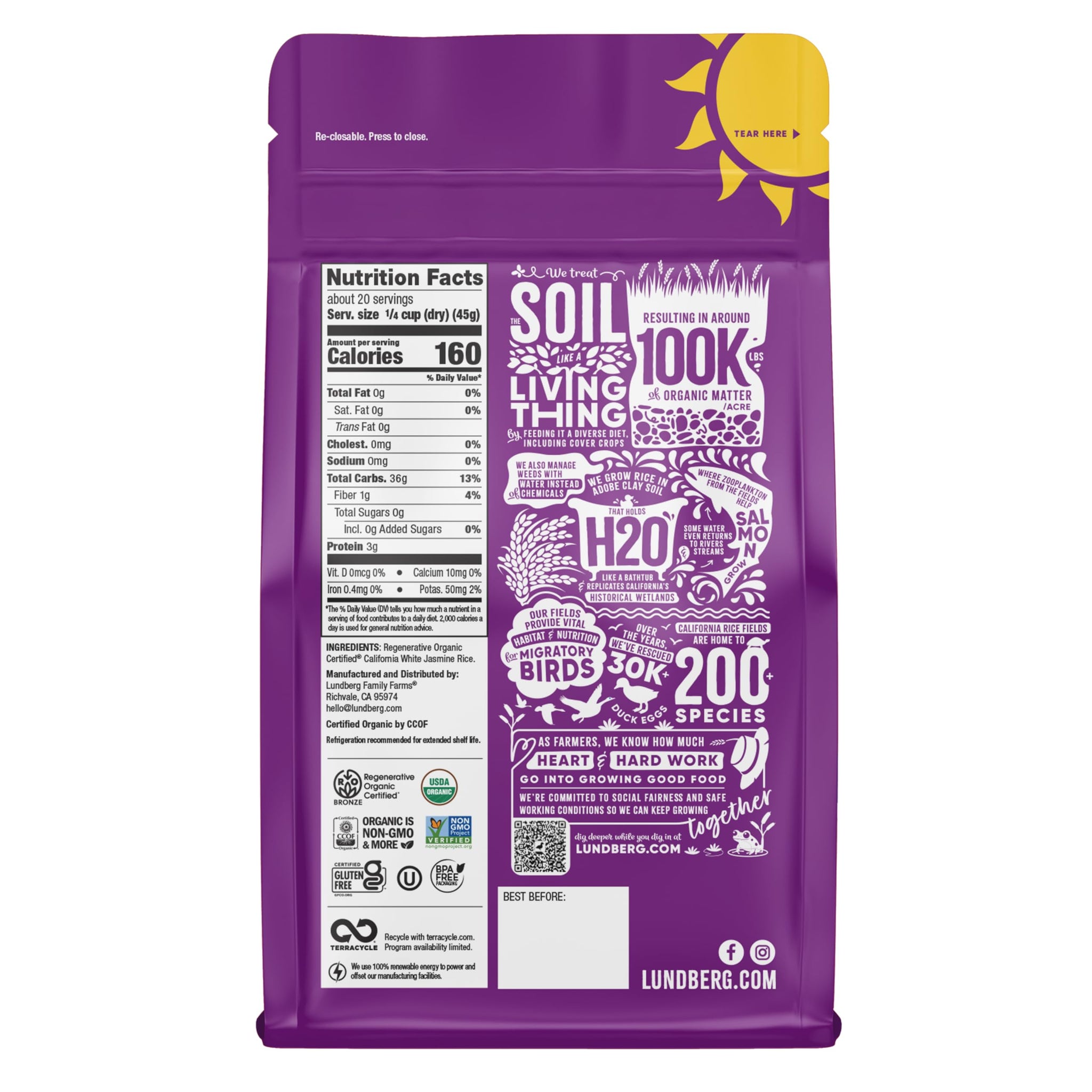 Lundberg Jasmine Rice, Regenerative Organic Certified - Non-Sticky, Aromatic Long-Grain White Rice, Responsibly Grown in California, 32 Oz