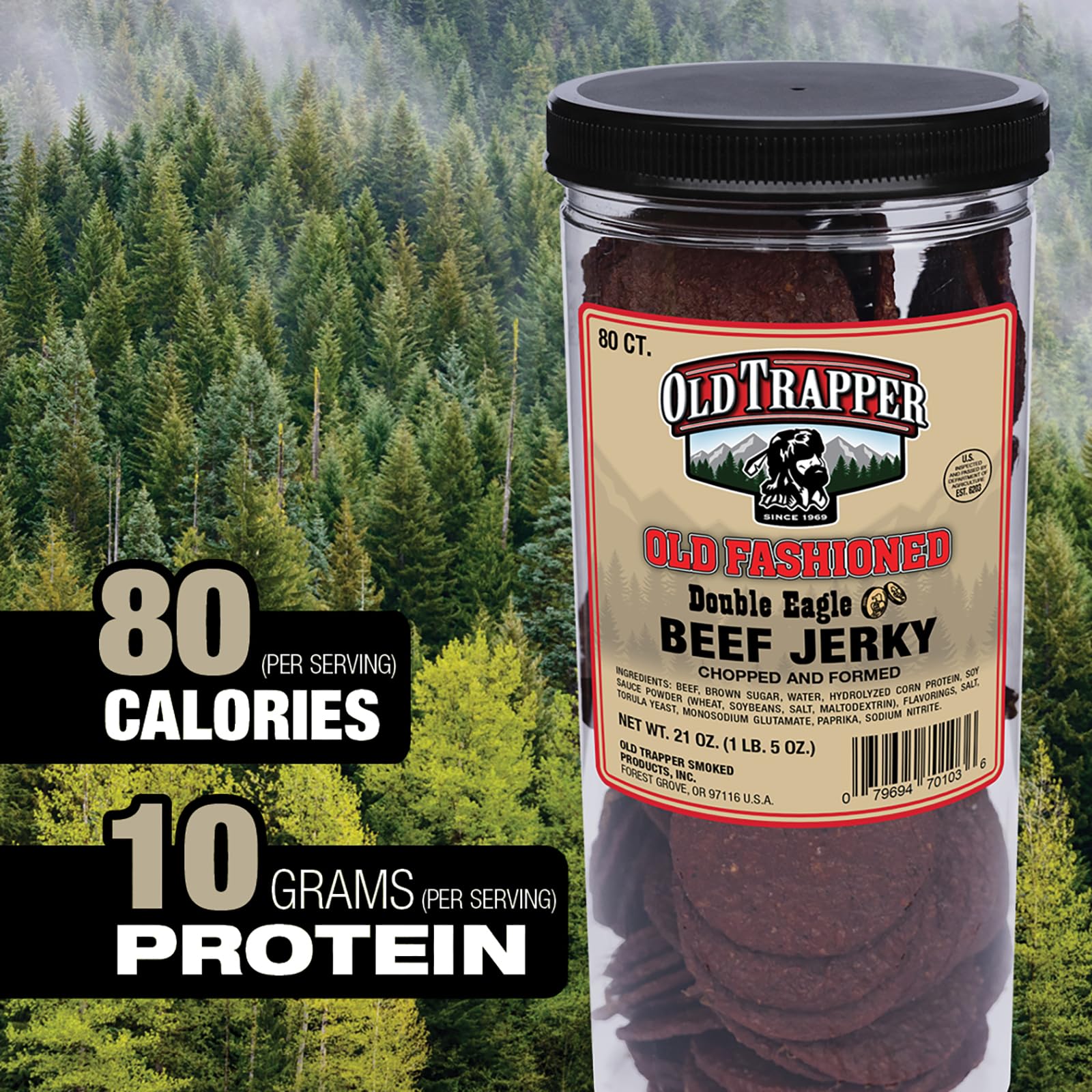 Old Trapper Double Eagle Beef Jerky, Old-Fashioned Flavor, 21oz. 80-Piece Jar, Natural Wood Smoked Meat Snacks, 10 Grams of Protein and 80 Calories