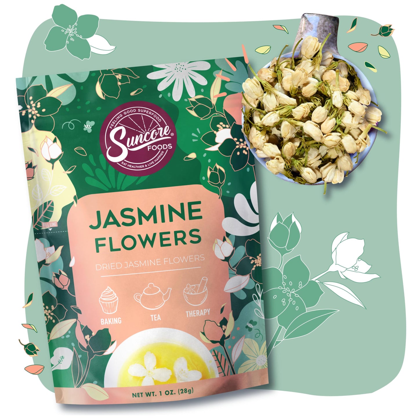 Suncore Foods Dried Jasmine Flowers, Gluten-Free, 1 oz, for Tea, Baking, and Therapy