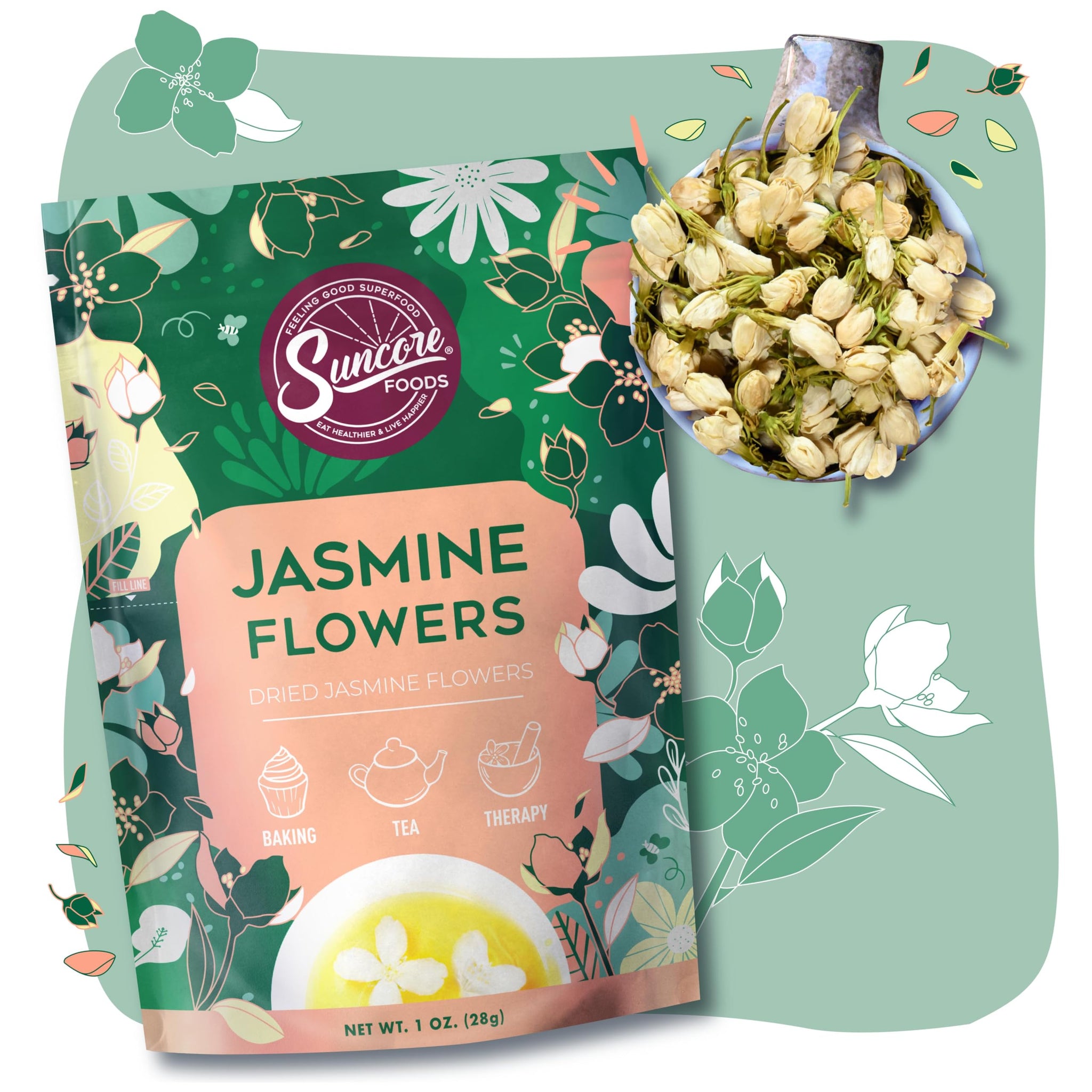 Suncore Foods Dried Jasmine Flowers, Gluten-Free, 1 oz, for Tea, Baking, and Therapy