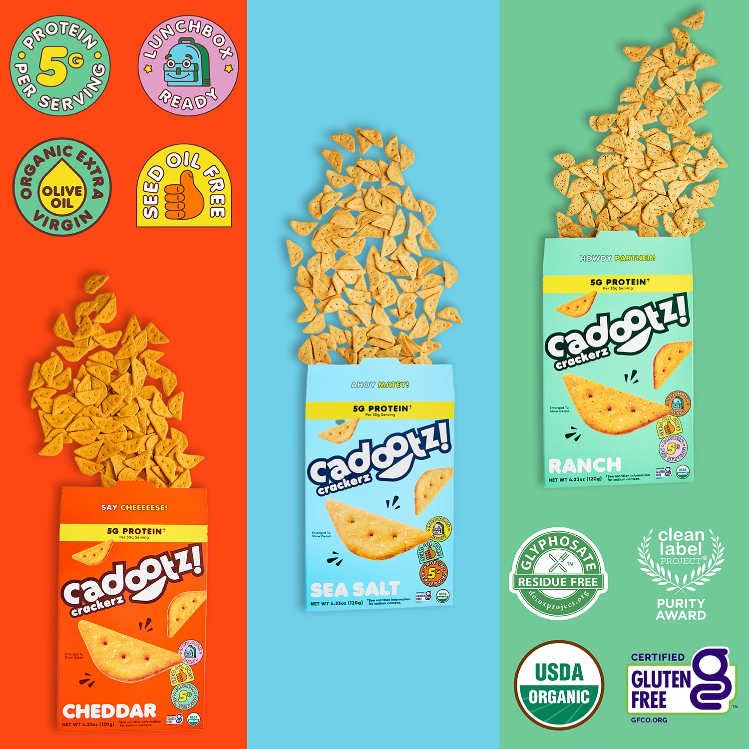 cadootz | Variety Pack | Organic Protein Kids Snack with 5g Protein, Clean Label, Gluten Free, No Seed Oils, No Artificial Dyes, Kosher Better-for-You
