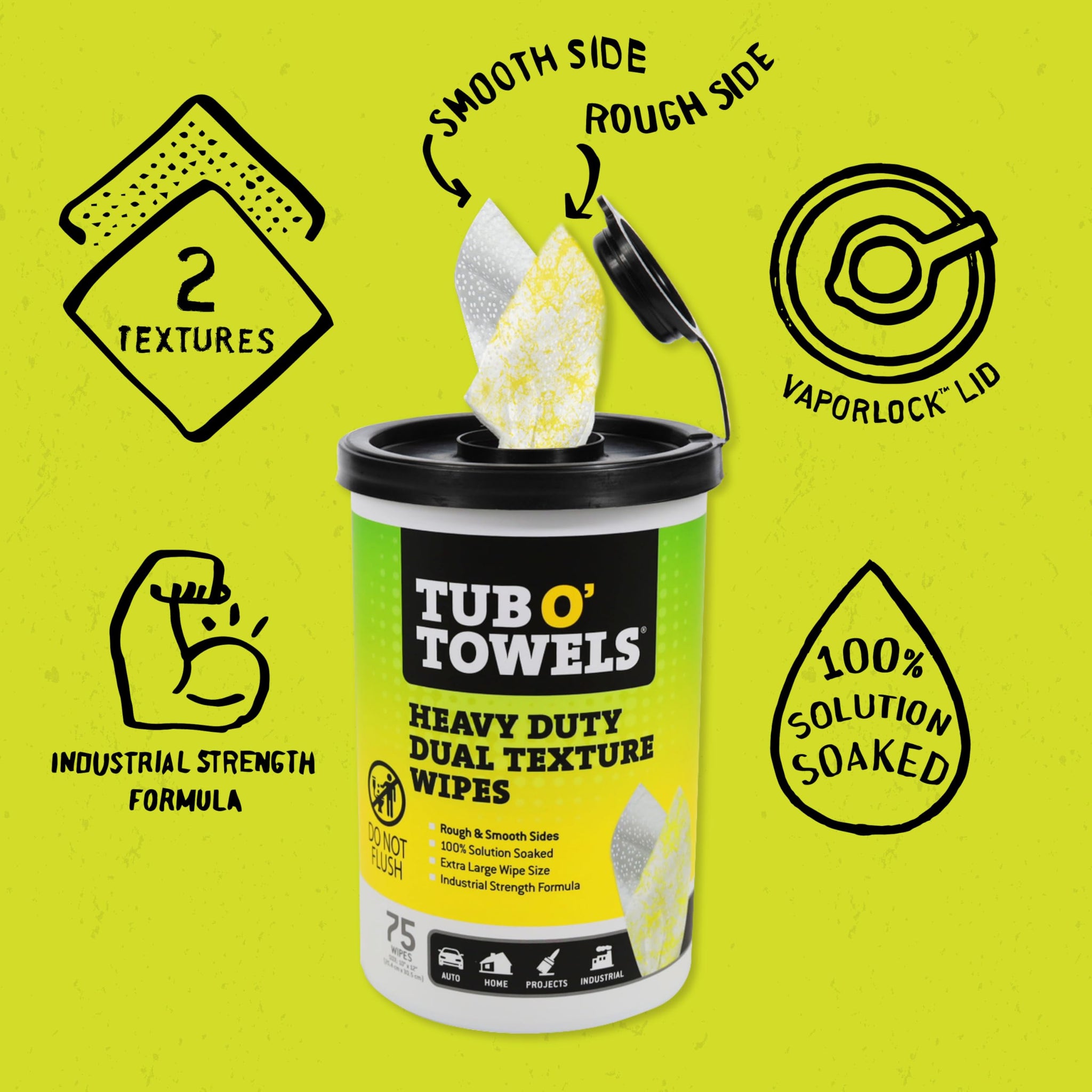 Tub O' Towels TW75 Heavy-Duty Multi-Surface Cleaning Wipes - Dual Texture 10" x 12" XL, 75 Count - Removes Grease, Tar, Oil, Paint, Ink & Tough Stains