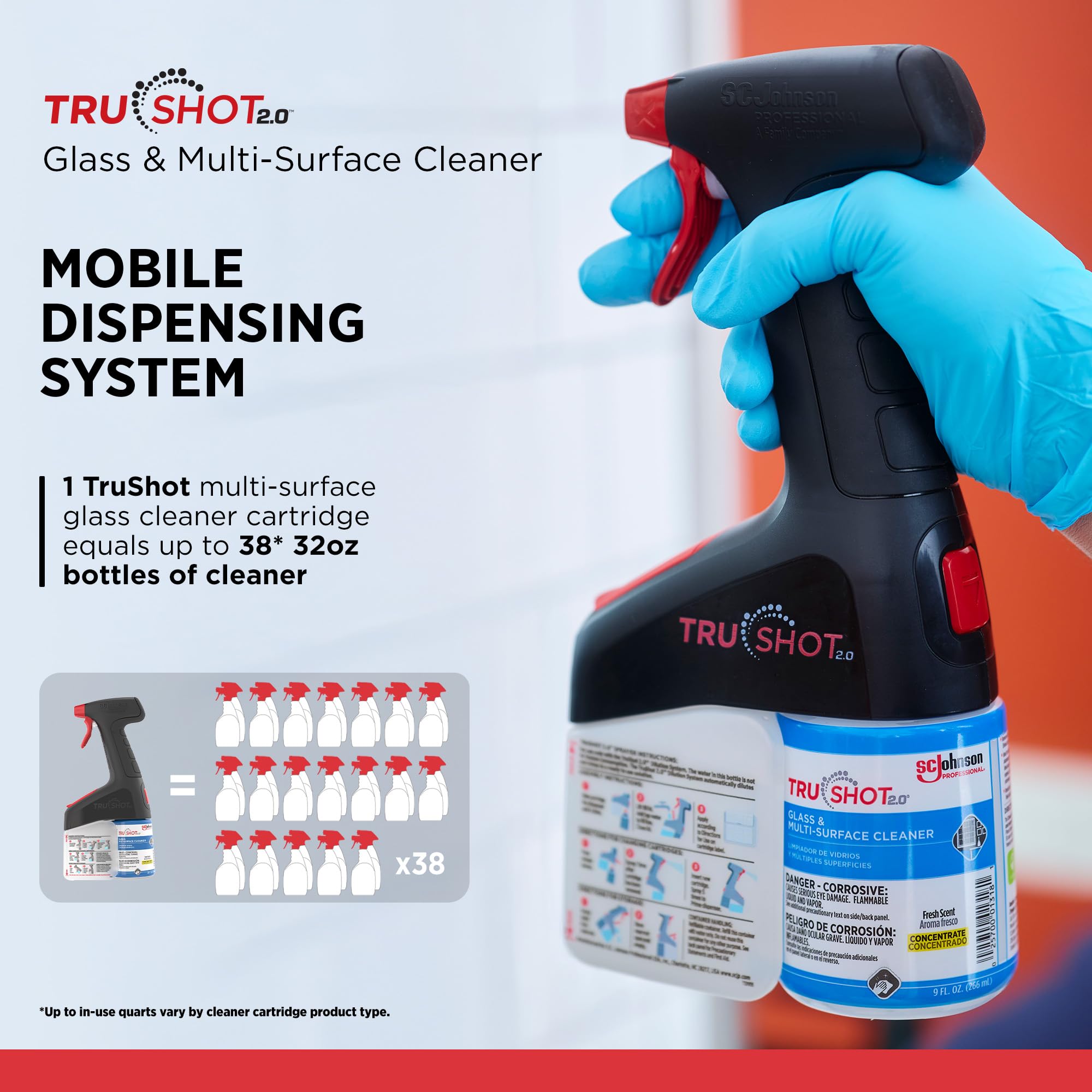 SC Johnson Professional TruShot 2.0 Glass & Multi-Surface Cleaner Mobile Dispensing System, 9 fl. oz. Cartridge Cleaning Concentrate Solutions