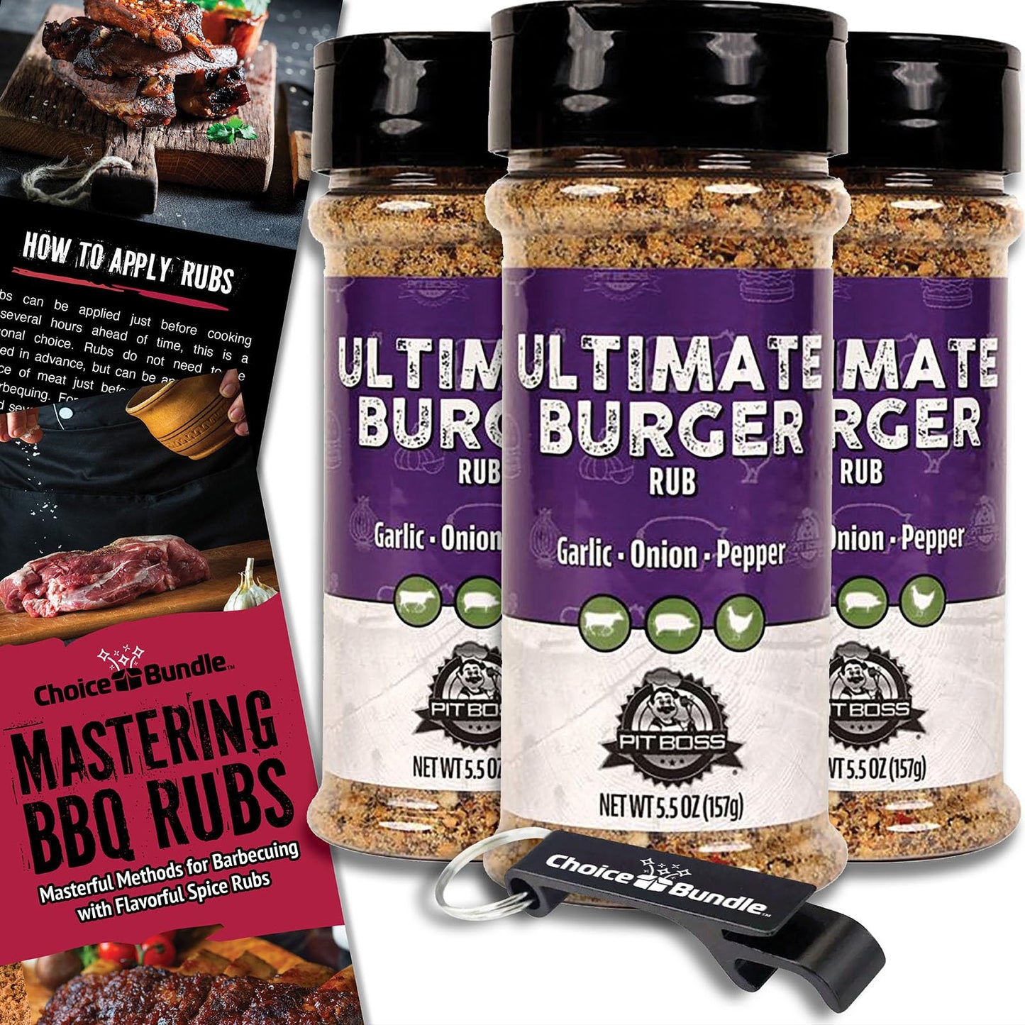 Pit Boss Ultimate Burger Premium BBQ Barbecue Mixed Seasoning Spice & Rub 3 pk Choice Bundle (16.5 oz) + Guide & Keychain Bottle Opener (5 Items)!