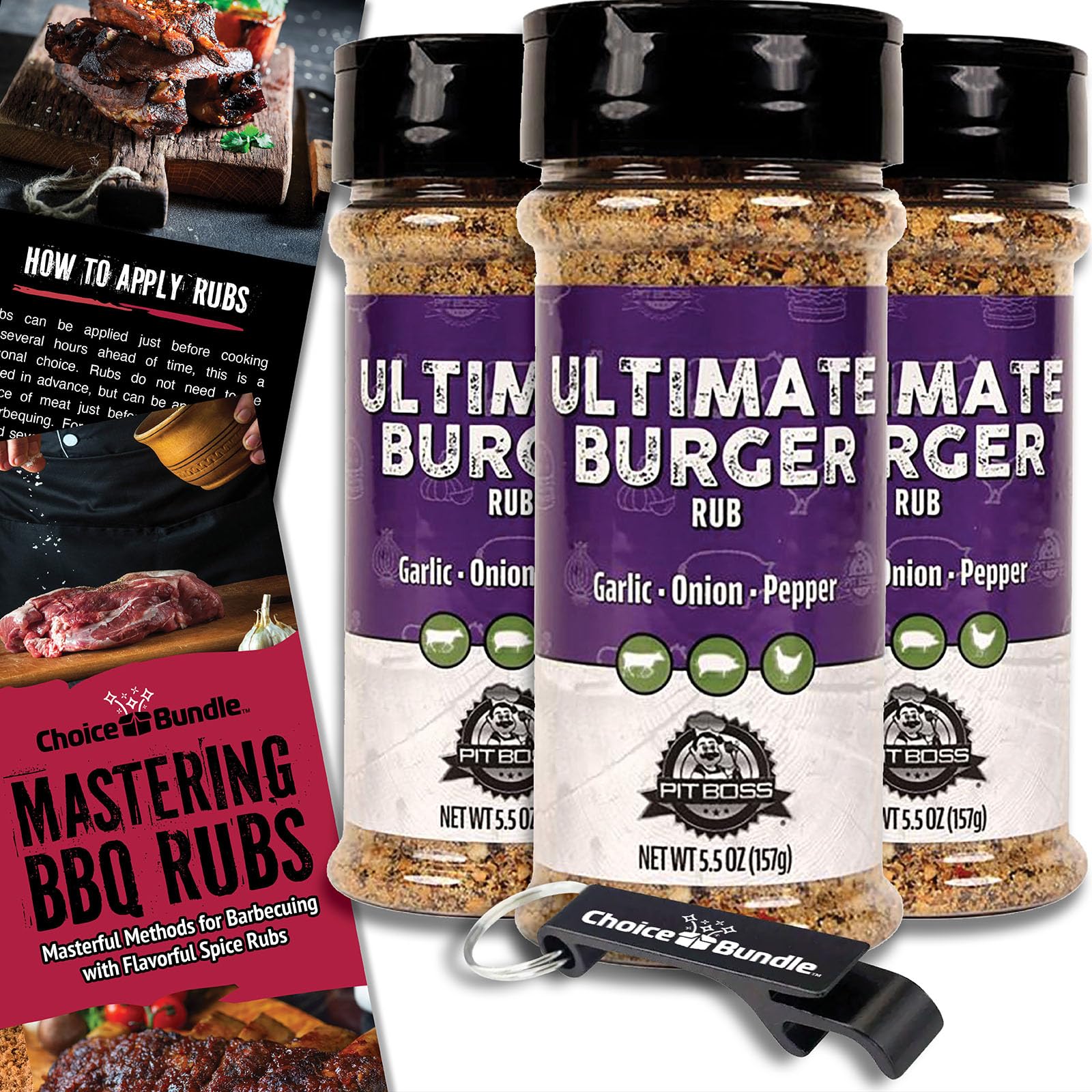 Pit Boss Ultimate Burger Premium BBQ Barbecue Mixed Seasoning Spice & Rub 3 pk Choice Bundle (16.5 oz) + Guide & Keychain Bottle Opener (5 Items)!