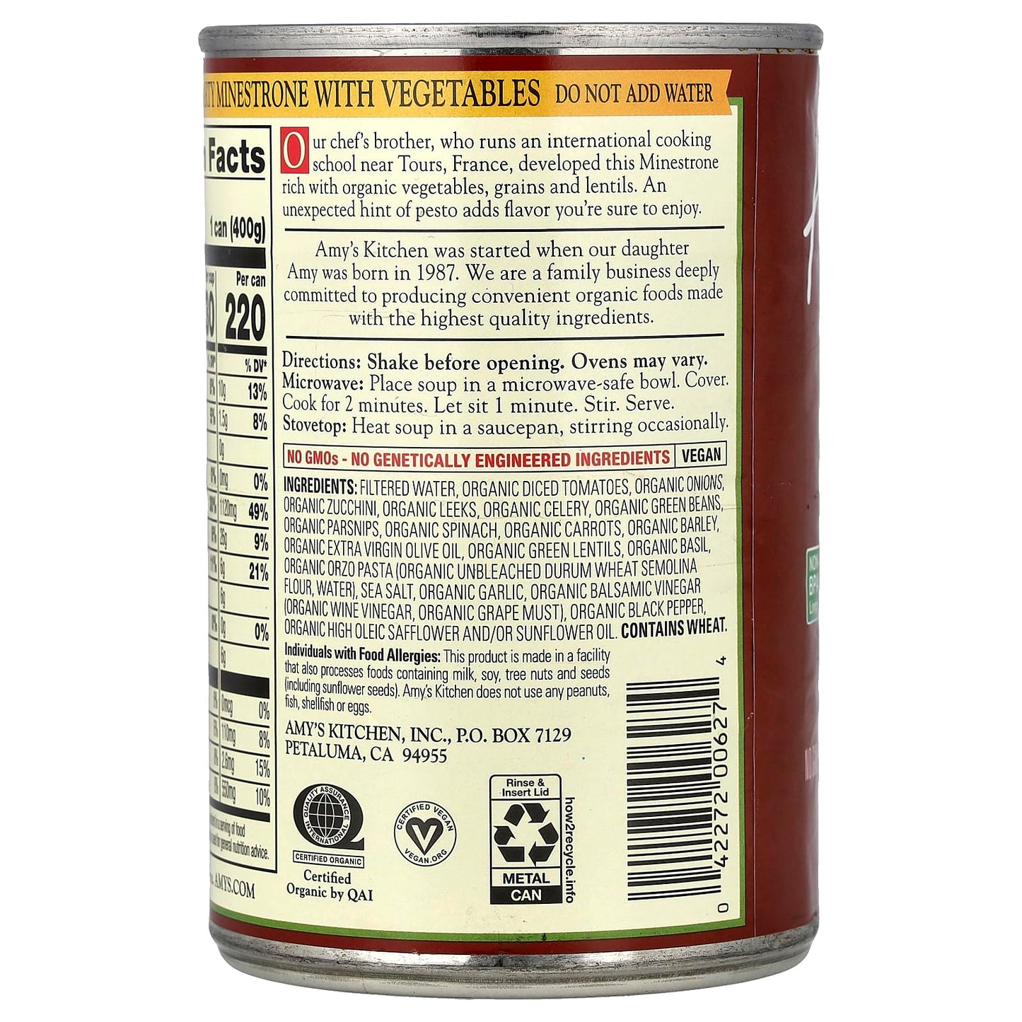 Amys Organic Hearty Minestrone with Vegetables Soup, 12.7 Ounce - 12 per case.