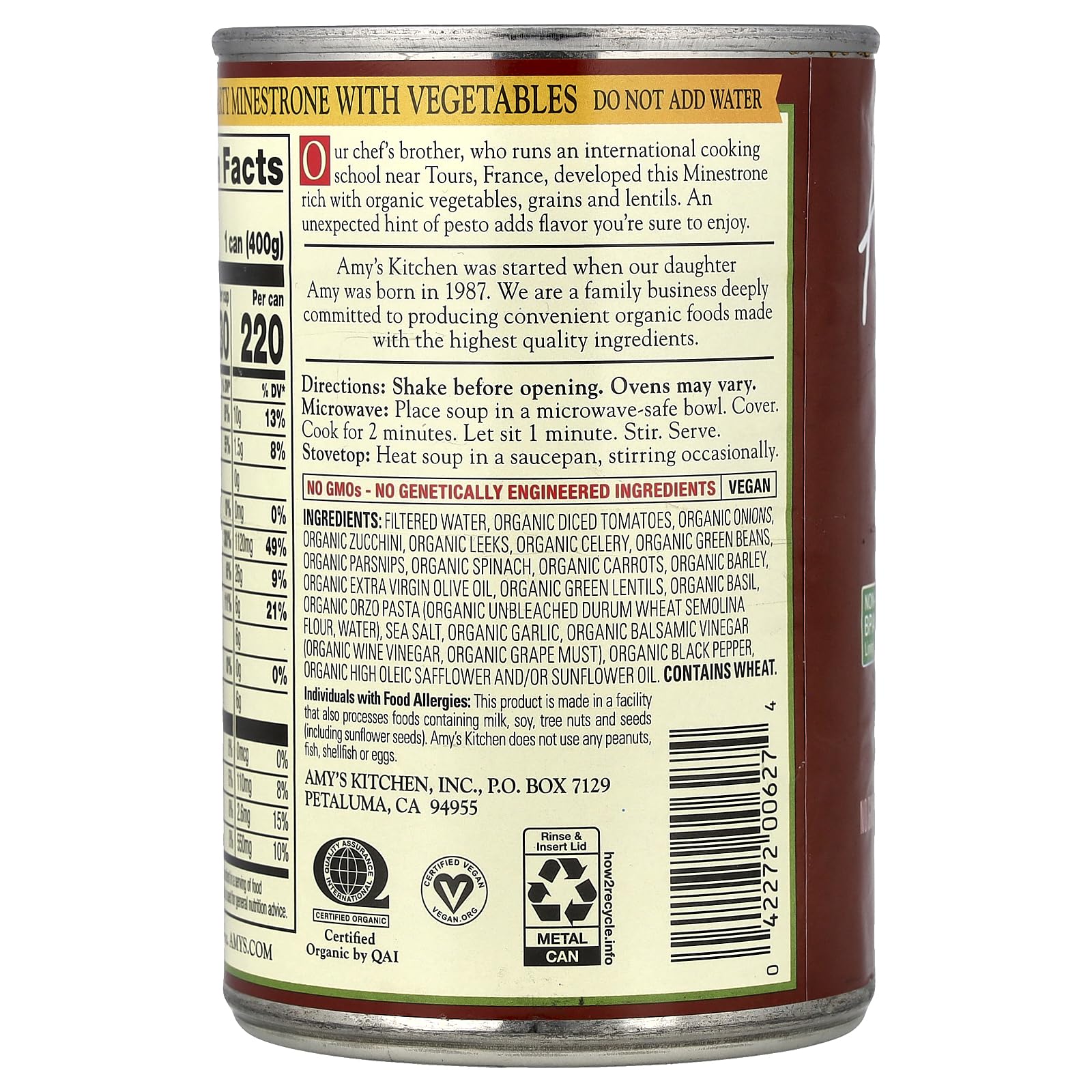 Amys Organic Hearty Minestrone with Vegetables Soup, 12.7 Ounce - 12 per case.
