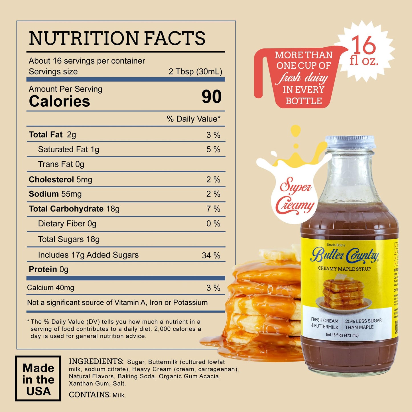 Butter Country Rich and Creamy Buttermilk Syrup | Creamy Maple Flavor | Premium Syrup for Breakfast & Desserts | 16 fl oz Bottle