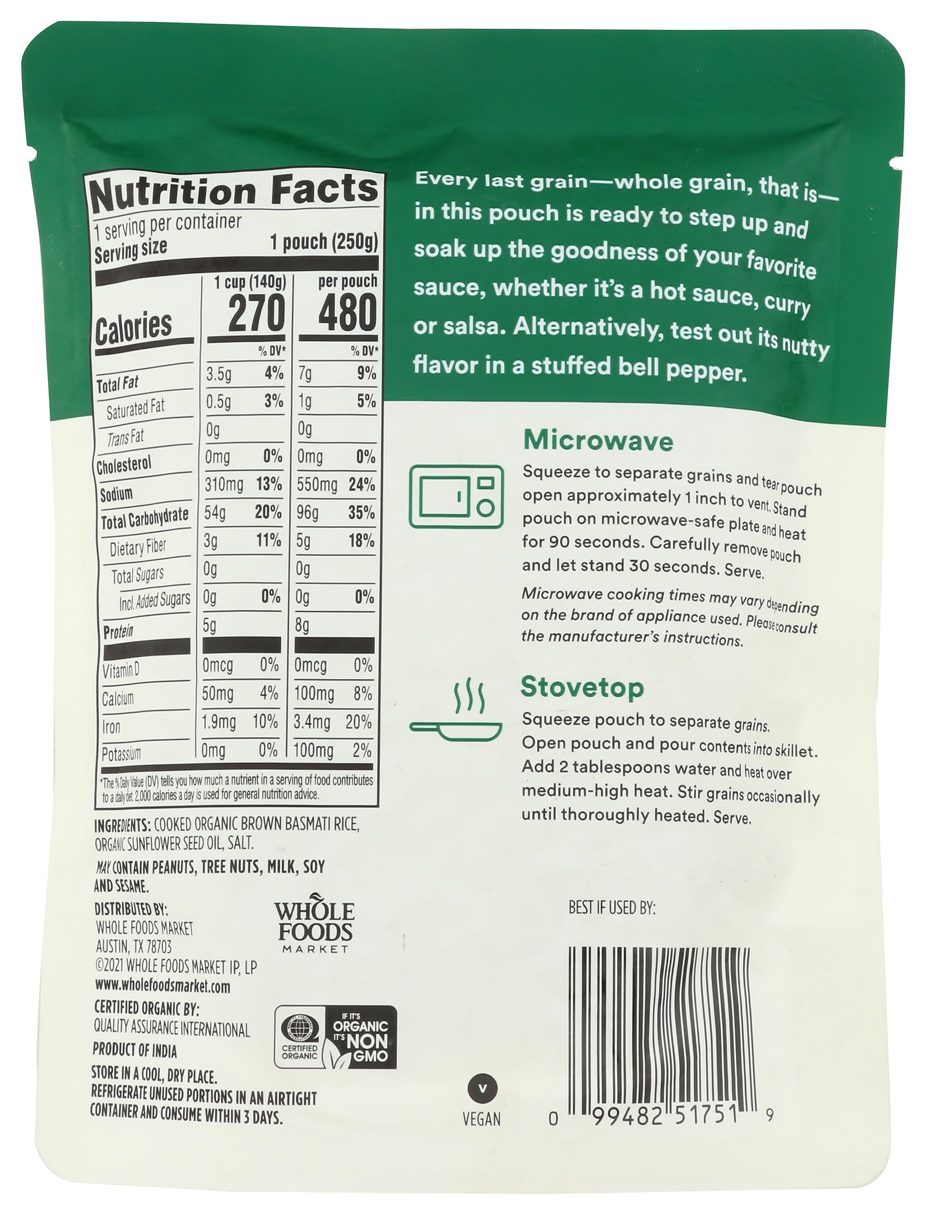 365 by Whole Foods Market, Organic Brown Basmati Rice, 90-Second Microwave in Pouch, 8.8 Ounce