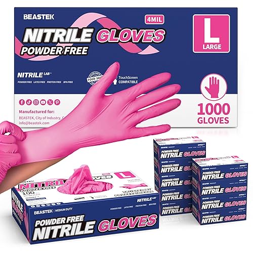 Beastek Nitrile Exam Gloves, 4 Mil 1000Pcs, Powder-Free Latex-Free Food-Safe Cooking Clean Medical Disposable Glove, Hot Pink (Large)
