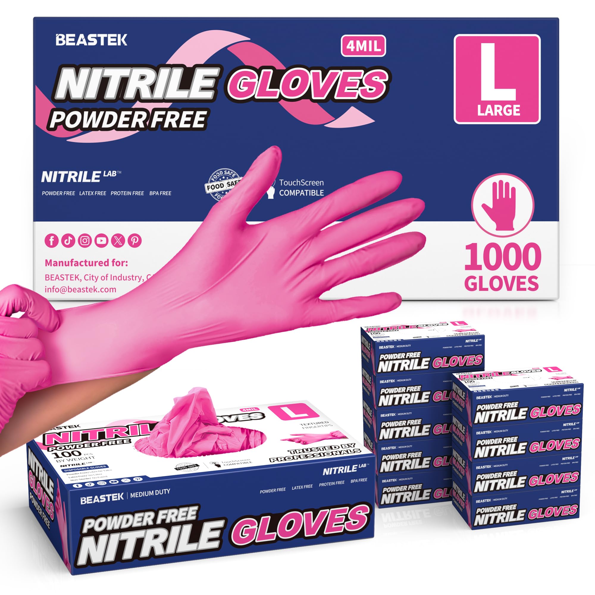 Beastek Nitrile Exam Gloves, 4 Mil 1000Pcs, Powder-Free Latex-Free Food-Safe Cooking Clean Medical Disposable Glove, Hot Pink (Large)