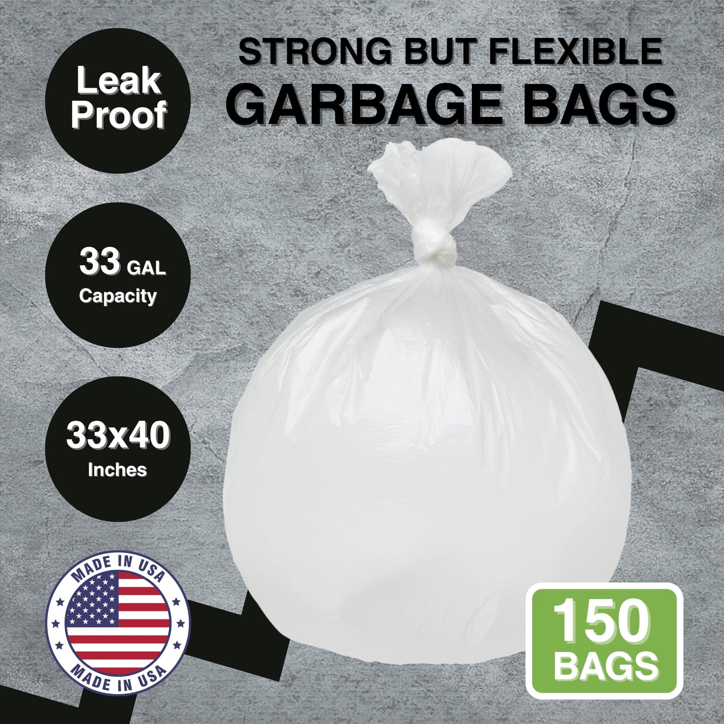 Top Knot Bags 33 Gallon Garbage Trash Bag 33X40" Clear 150 Count Can Liner Bulk 30 Gallon 31 Gallon 32 Gallon 34 Gallon 35 Gallon Made in USA