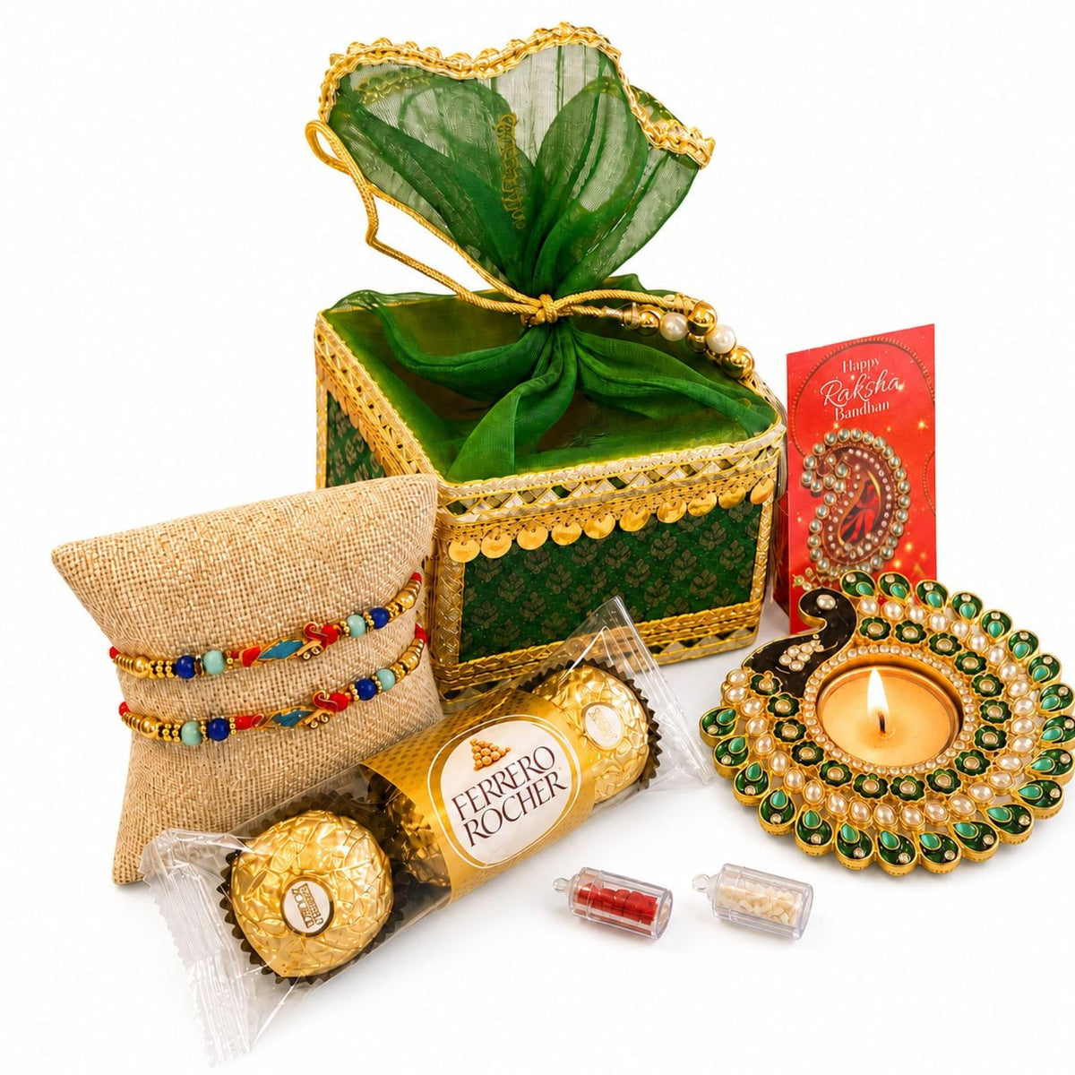 LoveNspire Raksha Bandhan Premium Gift Hamper for Brother & Bhabhi - Designer Rakhi Bracelet Set with Elegant Gift Box, Chocolates, & Roli Chawal
