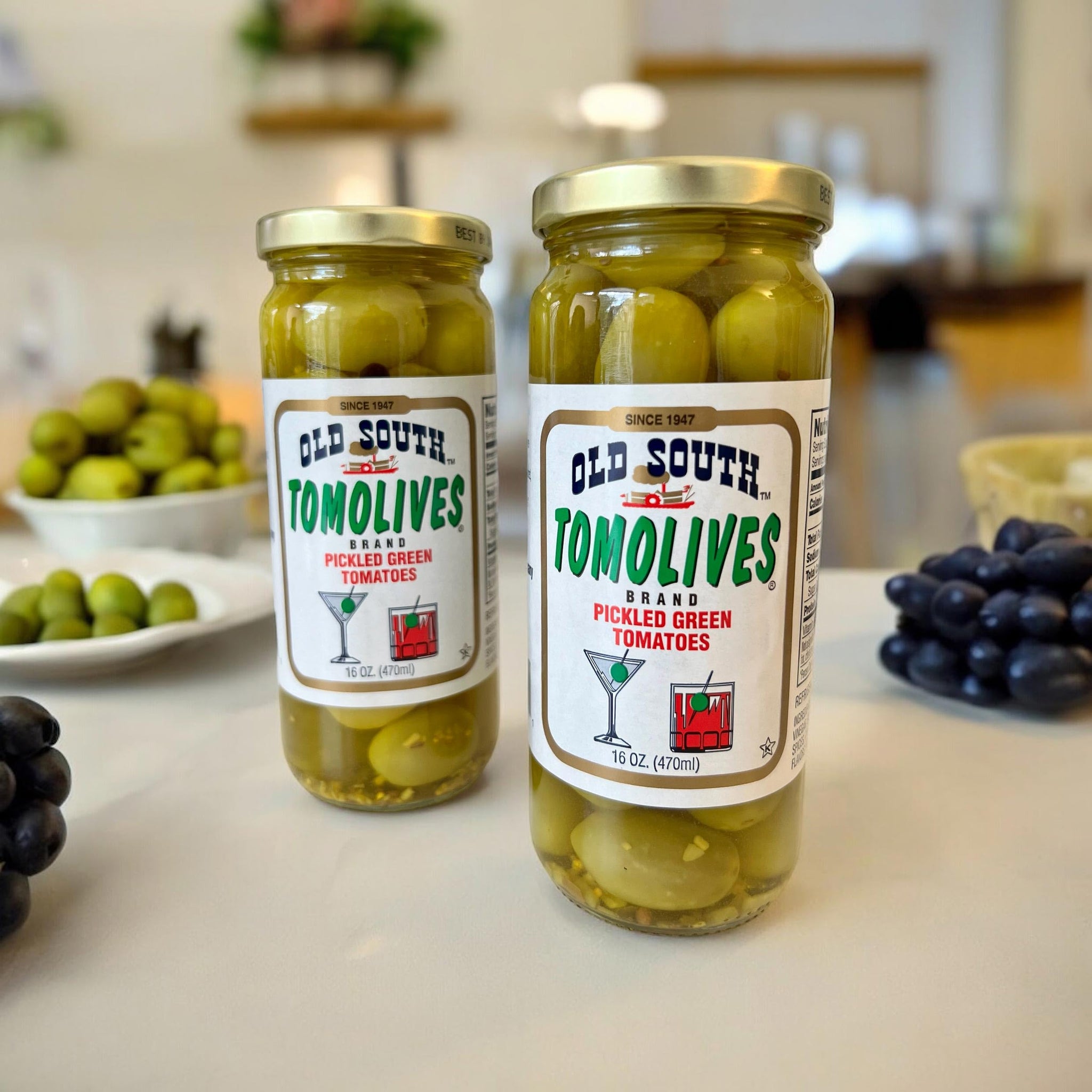 Old South Tomolives Pickled Green Tomatoes (2 Pack, 16 oz each) bundled with 4 count Lara's Gourmet Passion coasters