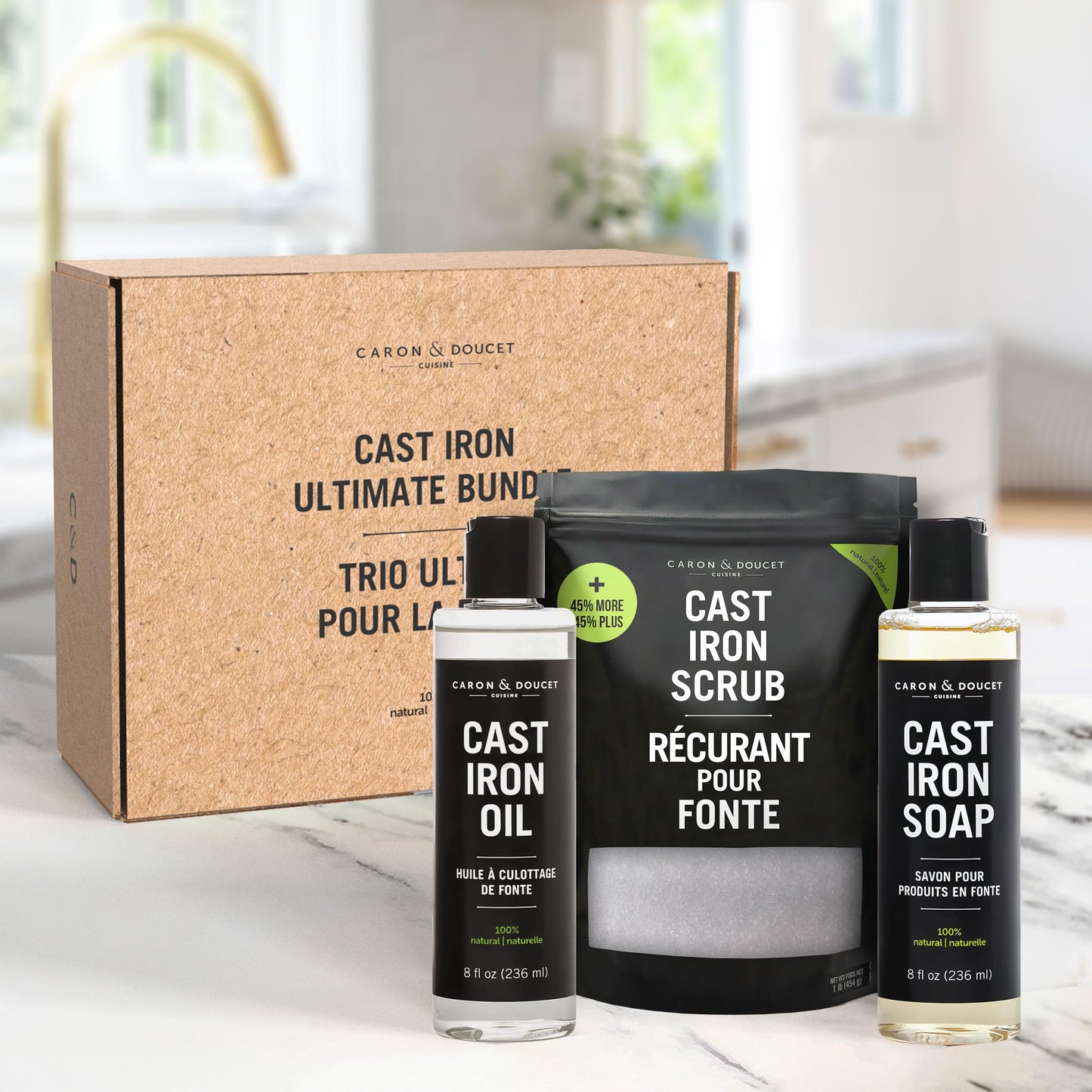 CARON & DOUCET - New Ultimate Cast Iron Set: Seasoning Oil, Cleaning Soap & Restoring Scrub | 100% Plant-Based & Best for Cleaning Care, Washing