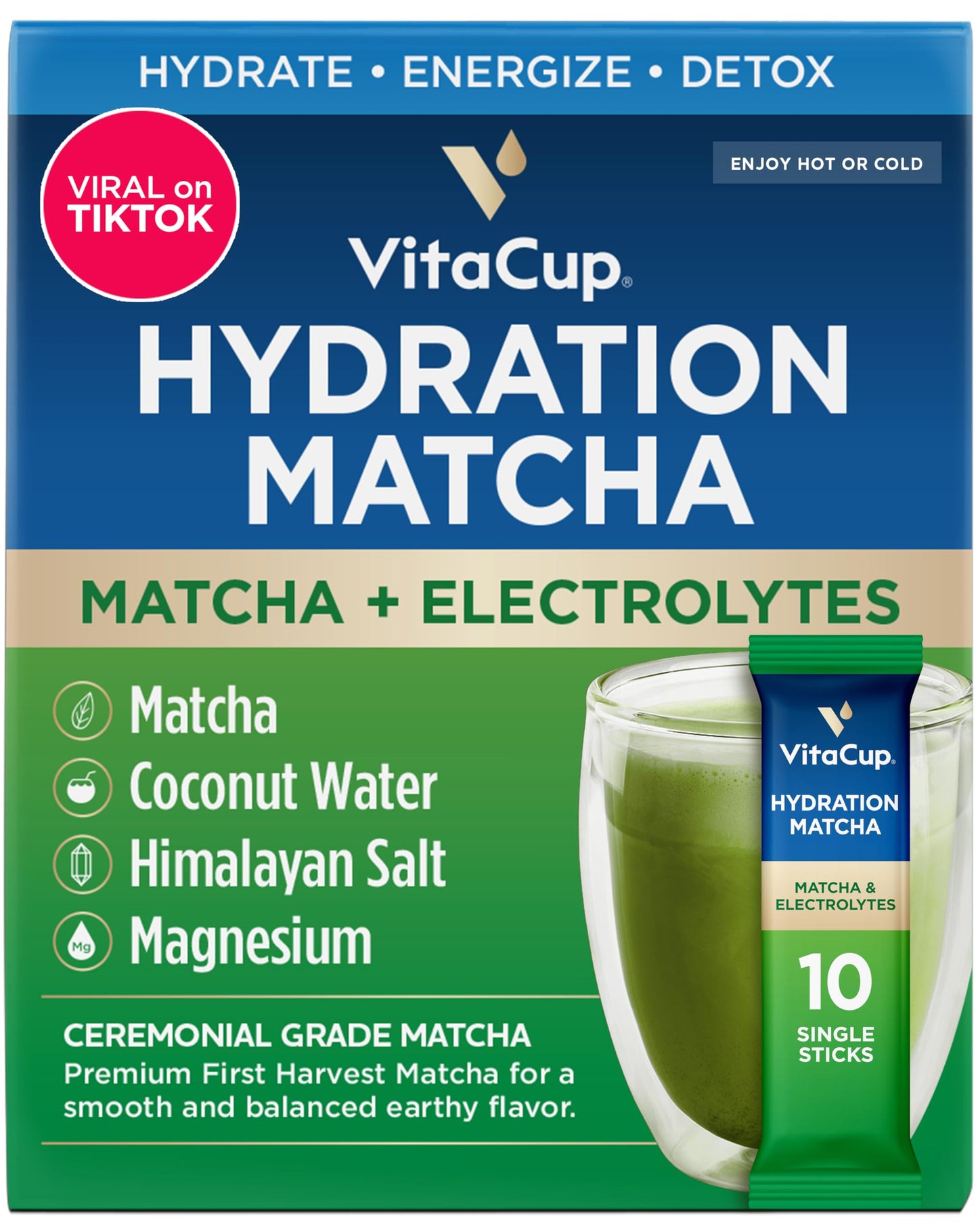 VitaCup Hydration Matcha Instant Packets, for Natural Energy and Detox, w/Electrolytes, Ceremonial Grade Organic Matcha, Coconut Water, Pink Himalayan