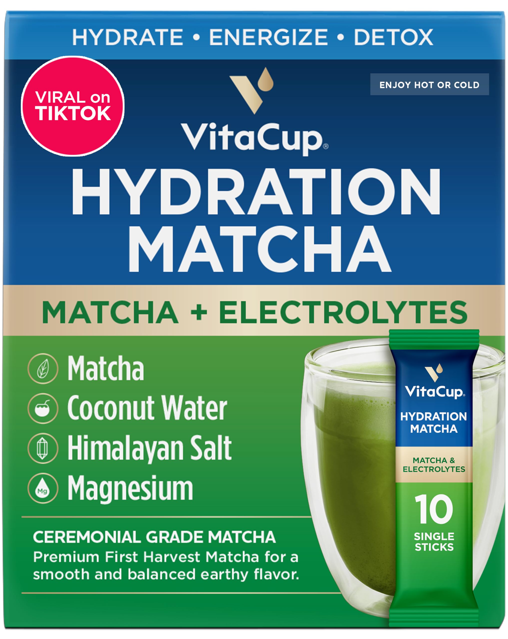 VitaCup Hydration Matcha Instant Packets, for Natural Energy and Detox, w/Electrolytes, Ceremonial Grade Organic Matcha, Coconut Water, Pink Himalayan