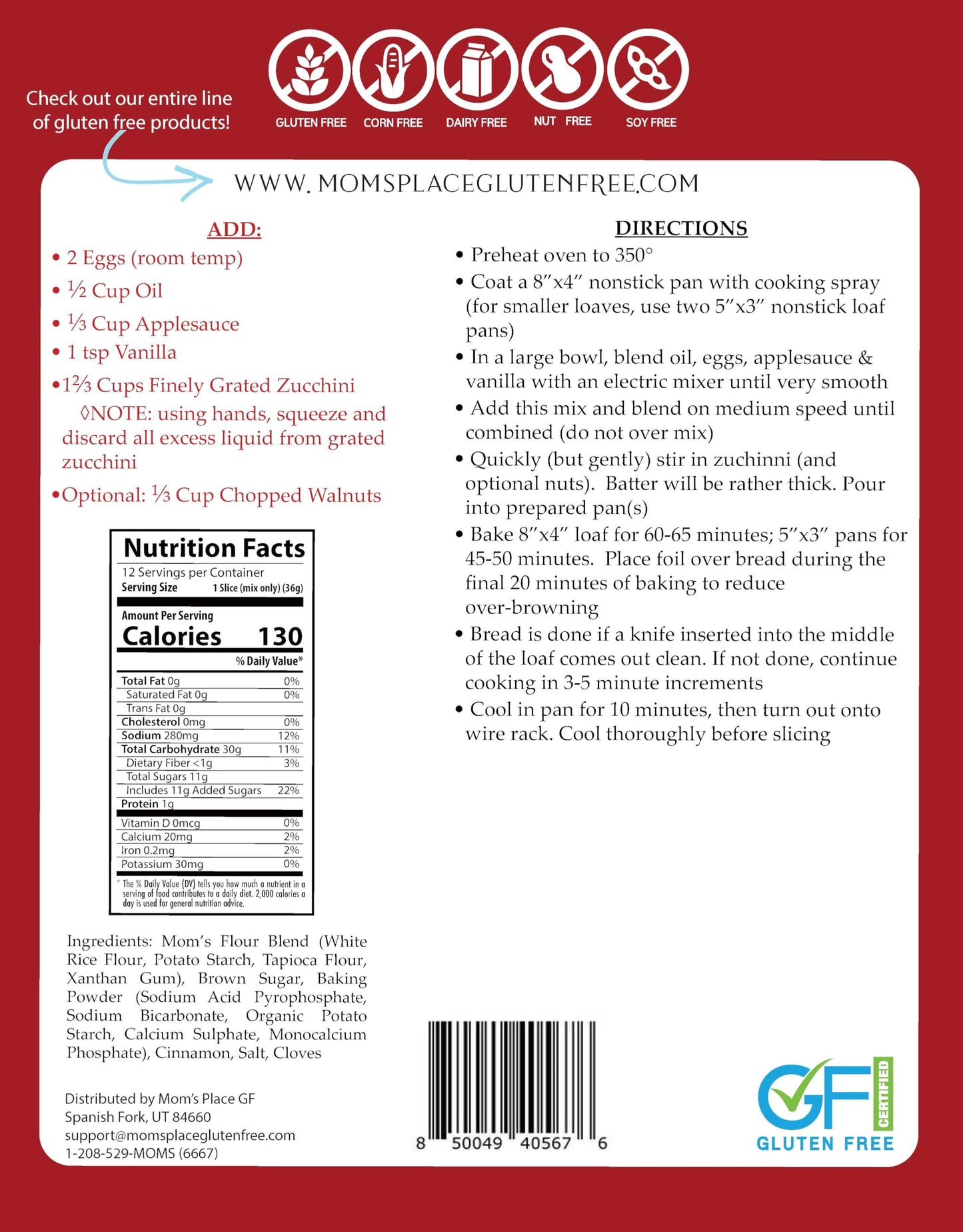 Mom's Place Gluten-Free Zucchini Bread Mix, Dairy Free, Soy Free, Non-GMO, 16 Servings, 15.2 oz