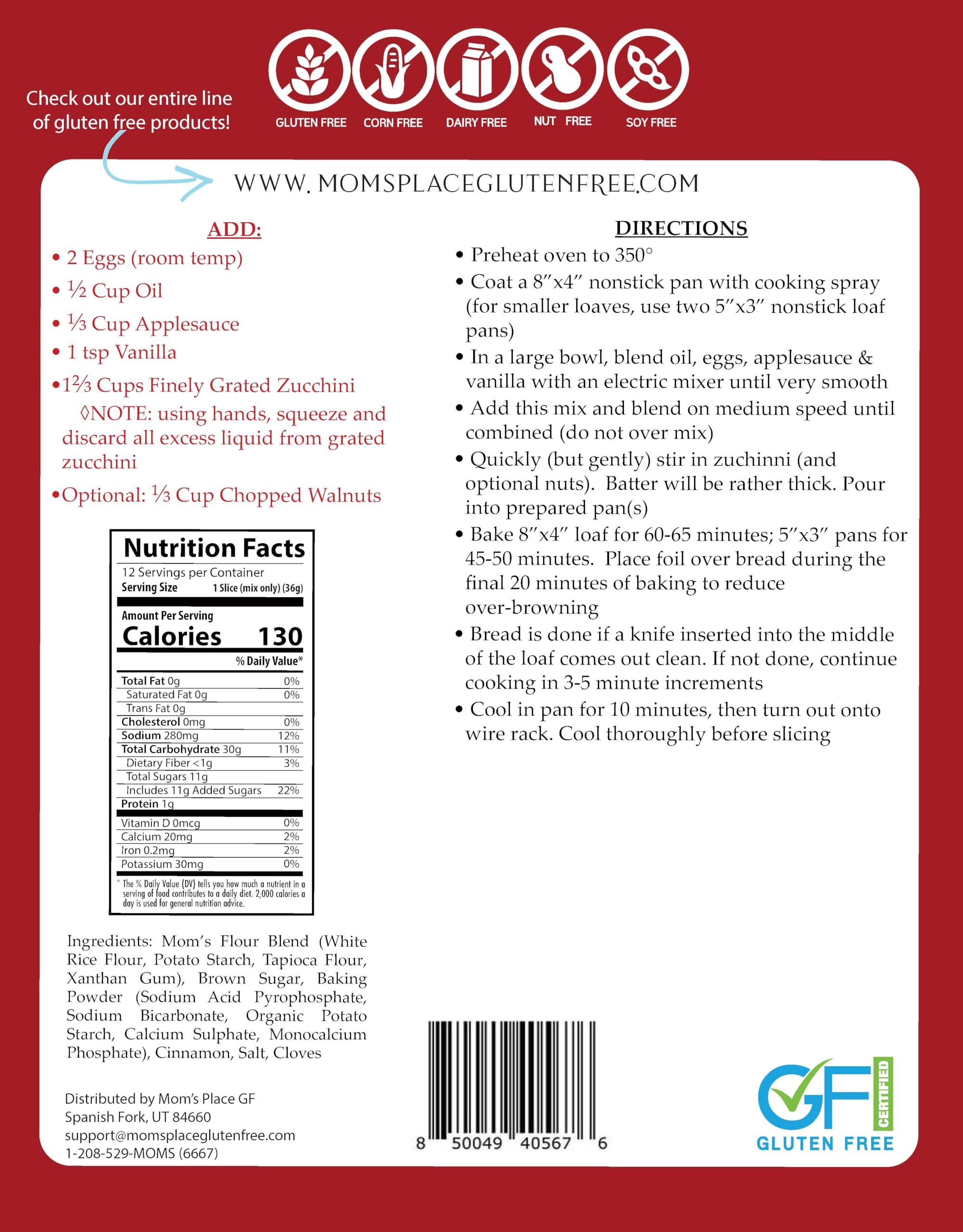 Mom's Place Gluten-Free Zucchini Bread Mix, Dairy Free, Soy Free, Non-GMO, 16 Servings, 15.2 oz