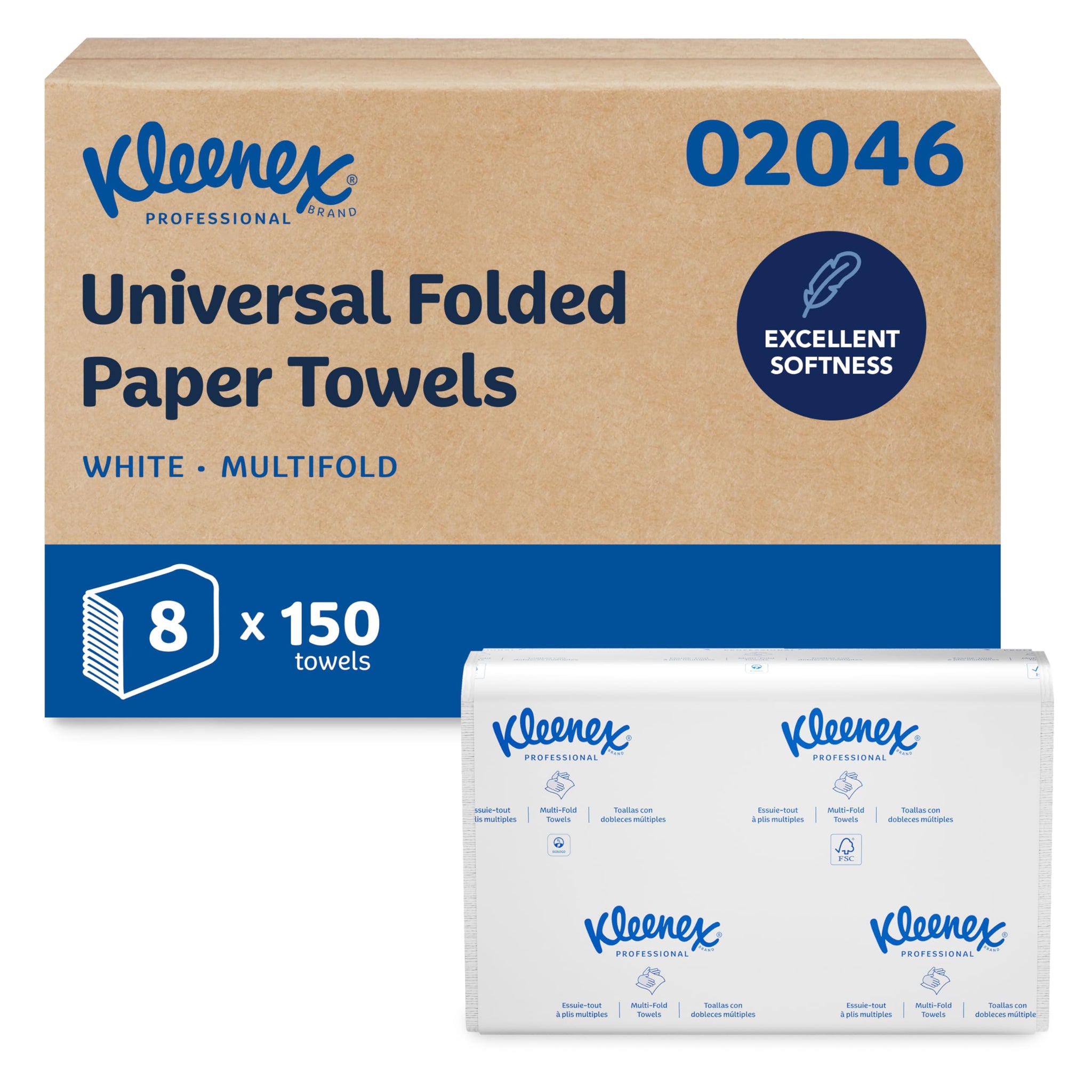 Kleenex Professional Universal Multifold Paper Towels, Bulk (02046), Absorbency Pockets, 9.2" x 9.4" Towel, White (150 Sheets/Pack, 8 Packs/Case