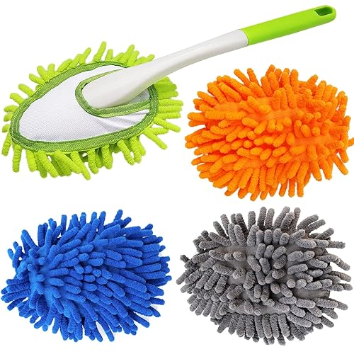 13 Inch Microfiber Feather Duster,with 4 pcs Washable Duster Head, Car Duster, Perfect for Cleaning Windows, Tables, Cars,Furniture, Walls, Fans