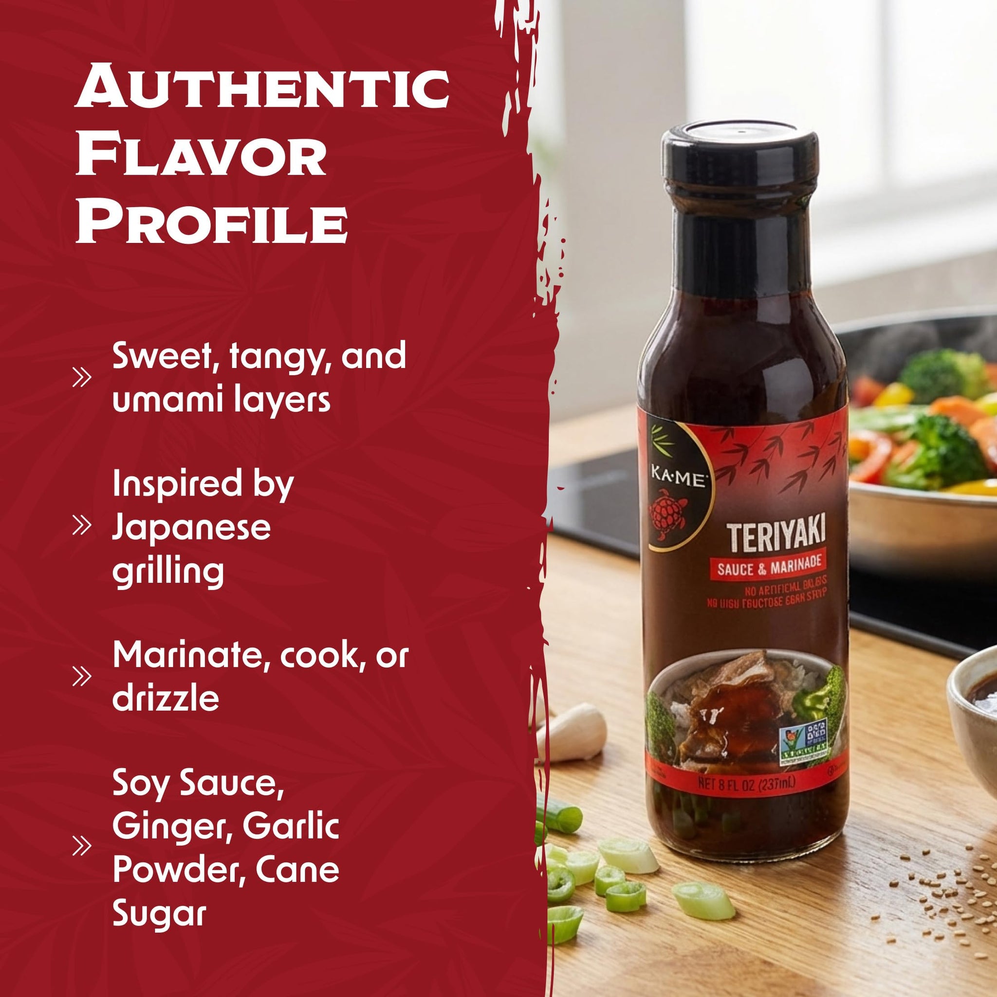 KA-ME Authentic Asian Teriyaki Sauce - Teriyaki Marinade & Grilling Sauce - Savory Sweet Soy Marinade - Authentic Asian Cuisine - Non-GMO & Kosher - 8