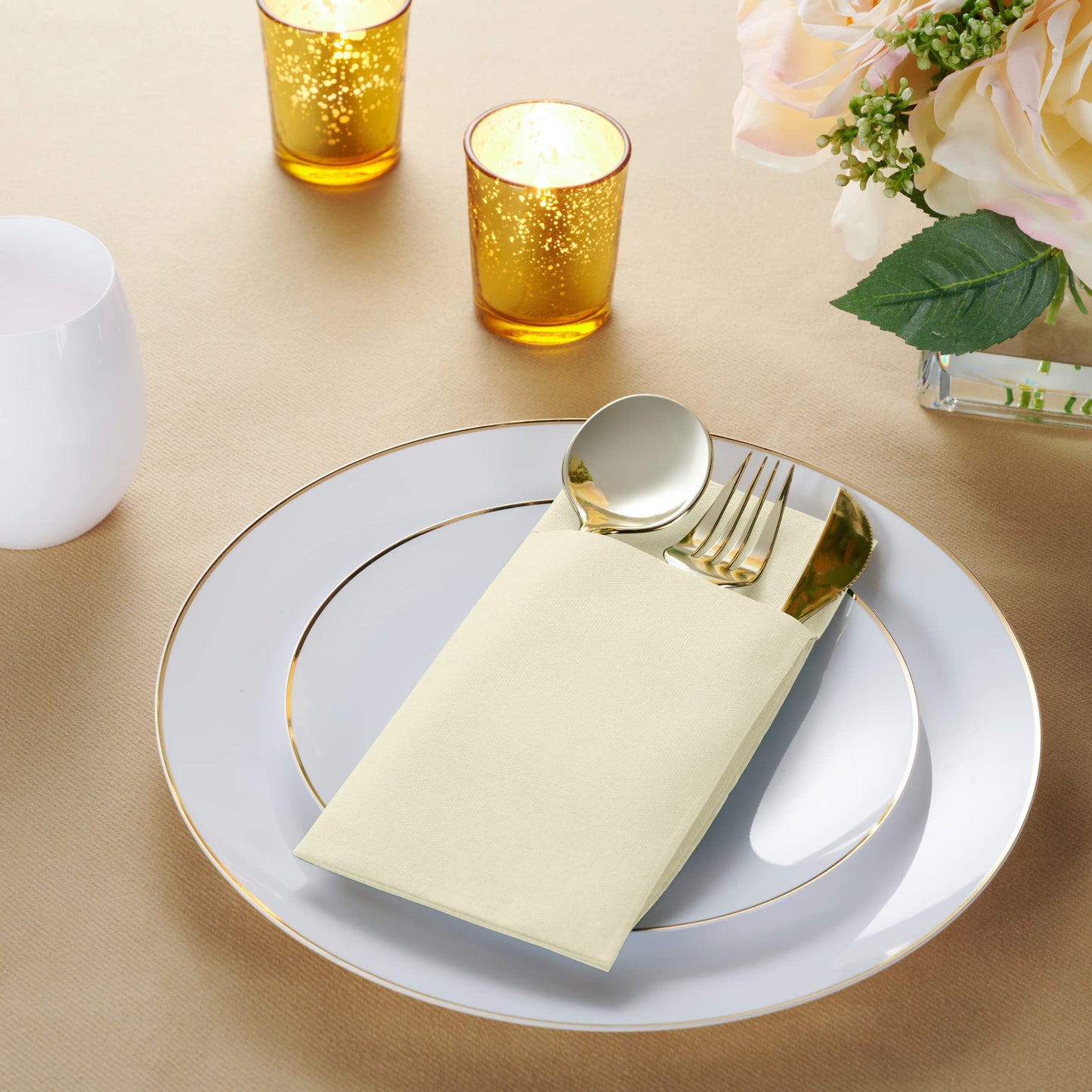 50-Pack Disposable Linen-Feel Dinner Napkins with Built-in Flatware Pocket, CREAM Prefolded Cloth Like Paper Napkins For Dinner, Wedding Or Party