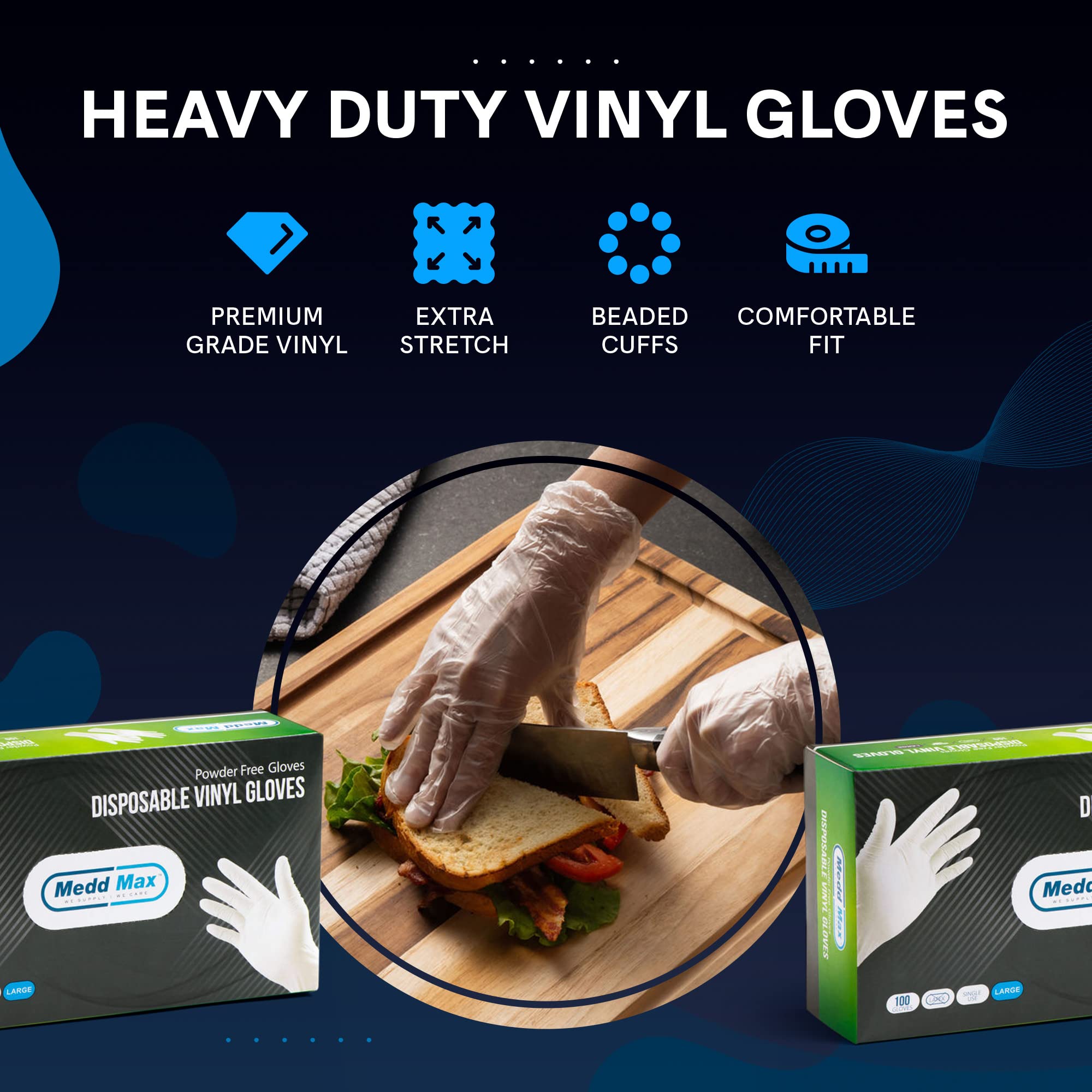 MEDD MAX Disposable Vinyl Gloves Powder Free Non Latex Allergy Free, Clear Multi-Purpose Heavy Duty Super Strength Plastic Rubber Vynil Cleaning