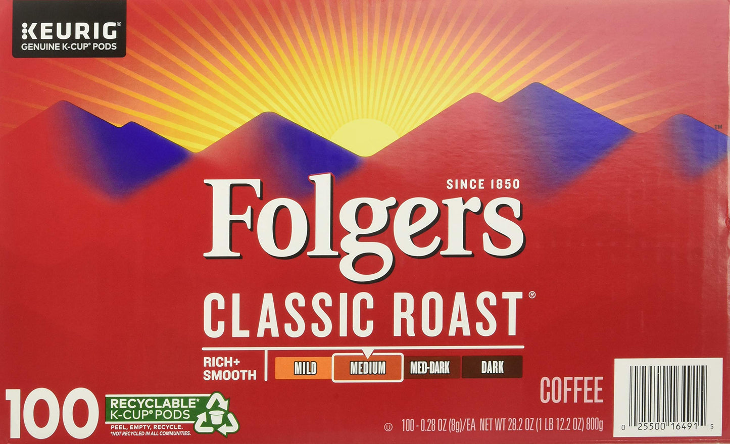 Folger's Medium Classic Roast Coffee 100 K Cup Pods/ 0.28 Ounce Net Wt 28.2 Ounce, Rich + Smooth, 28.2 Ounce