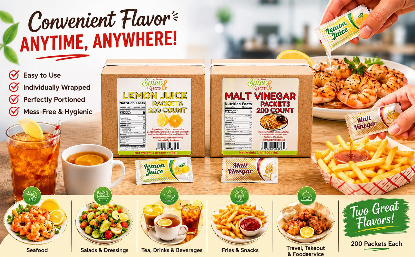 Lemon Juice Packets 200 Count | 4 Gram Single Serve | Portion Control Lemon Juice | Seafood, Tea, Beverages, Travel & Foodservice | Bulk Individual