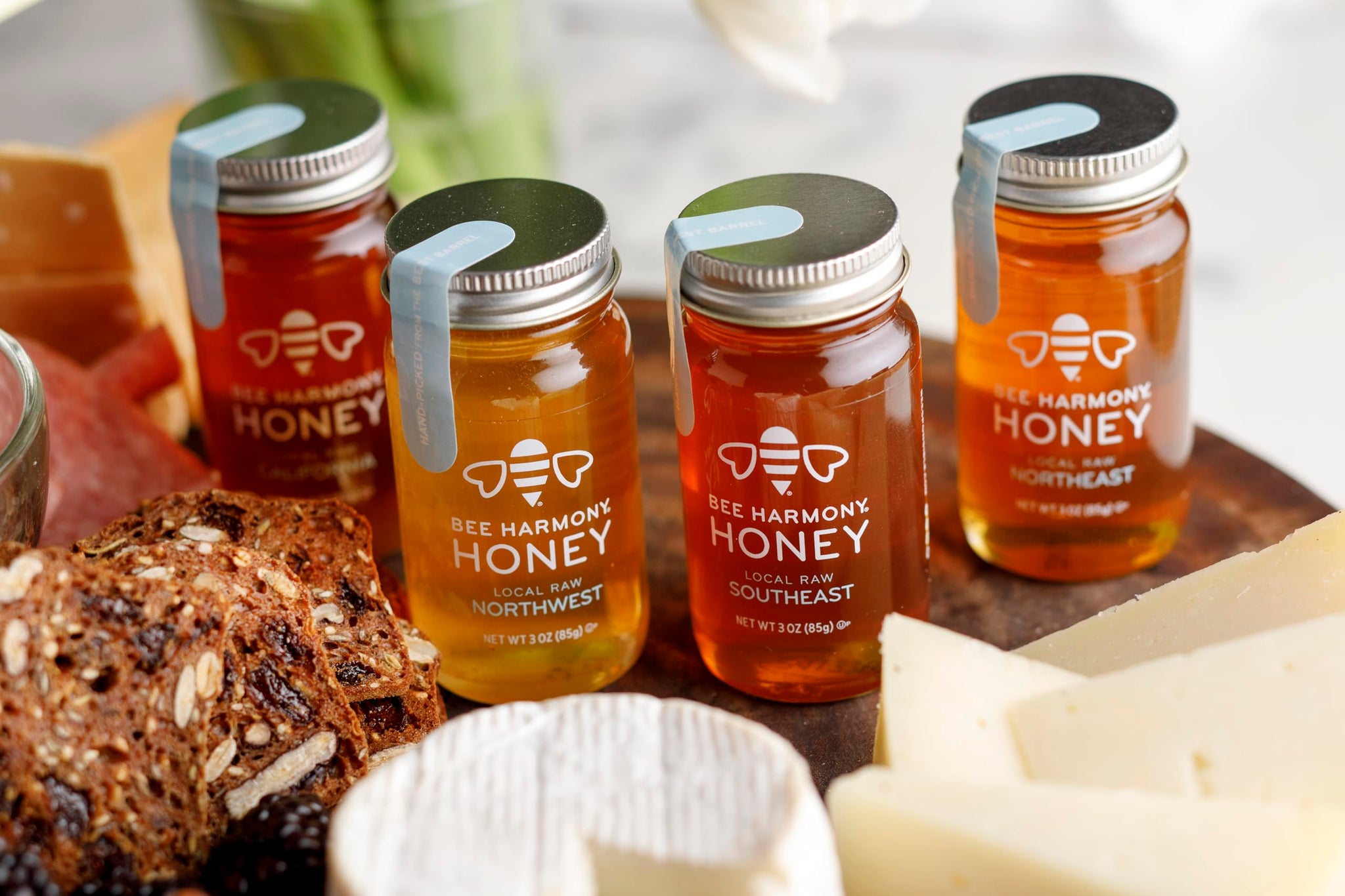 Bee Harmony Coast-to-Coast Honey Flight, Mini Honey Gift Set, 4 Jars, 3 OZ Each, Premium, Raw, Made in the USA