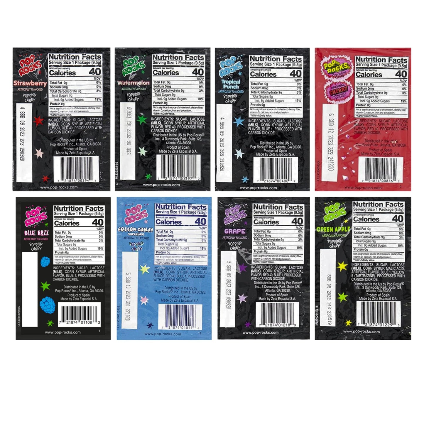 Popping Candy Variety Pack Bundle. Include 8 Flavors of 0.33 Oz Pack Each of Pop Rocks Candy and a Zombibites Fridge Magnet. Taste the Fun