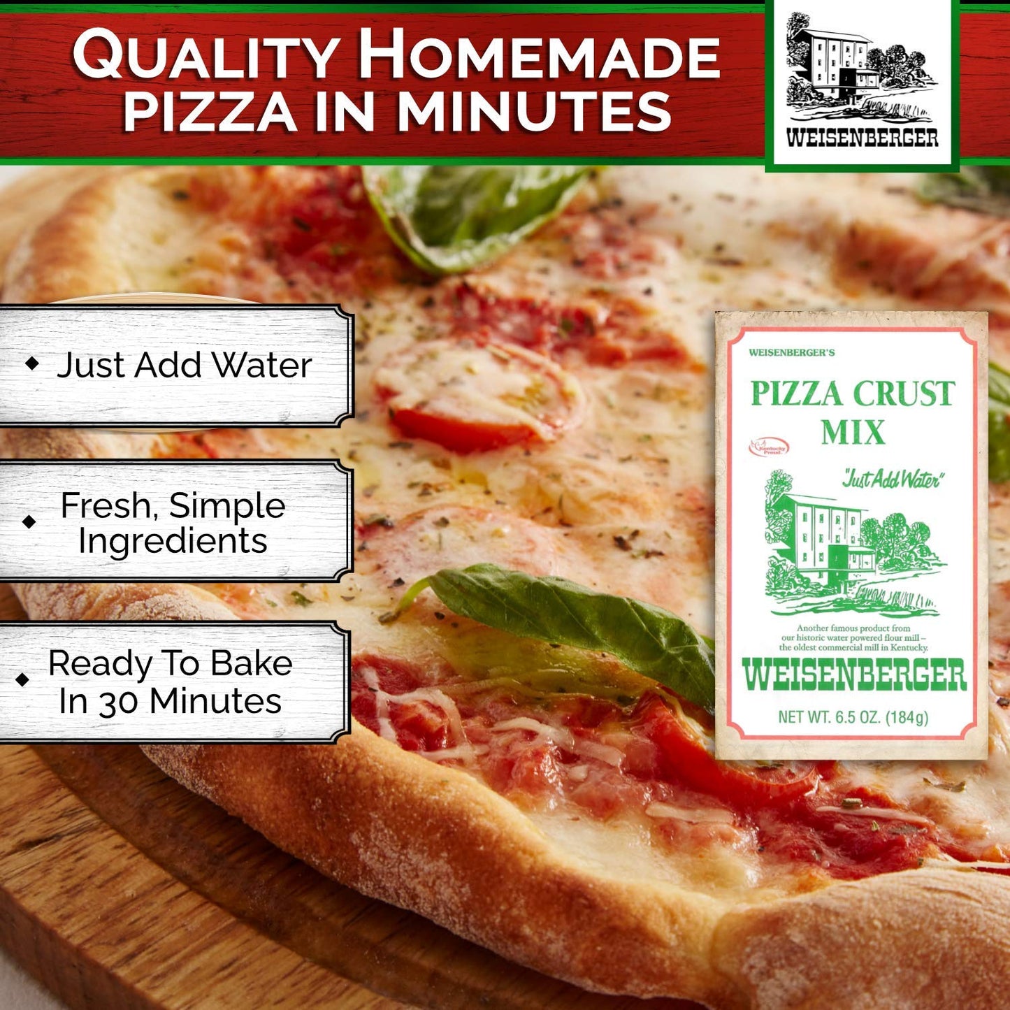 Weisenberger Pizza Crust Mix - Premade Pizza Dough Mix - Fresh Ingredients, No Preservatives, Includes Yeast - Just Add Water - Also Makes Breadsticks, Flatbread, and Calzones - 6.5 oz