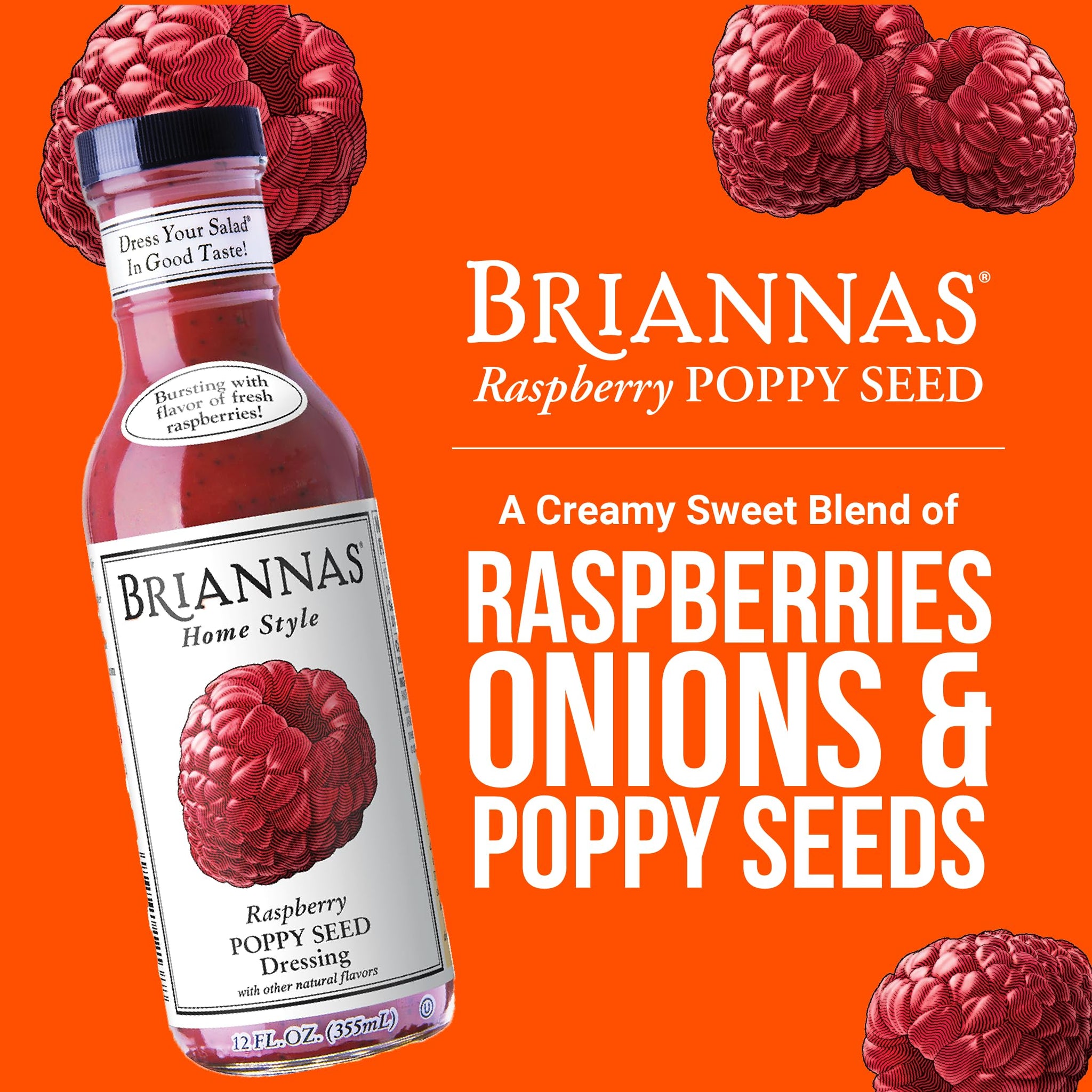 BRIANNAS - Home Style Raspberry Poppy Seed Dressing - Fine Salad Dressing made with Premium Ingredients - Gluten Free, Kosher, & Vegan Dressing - 12