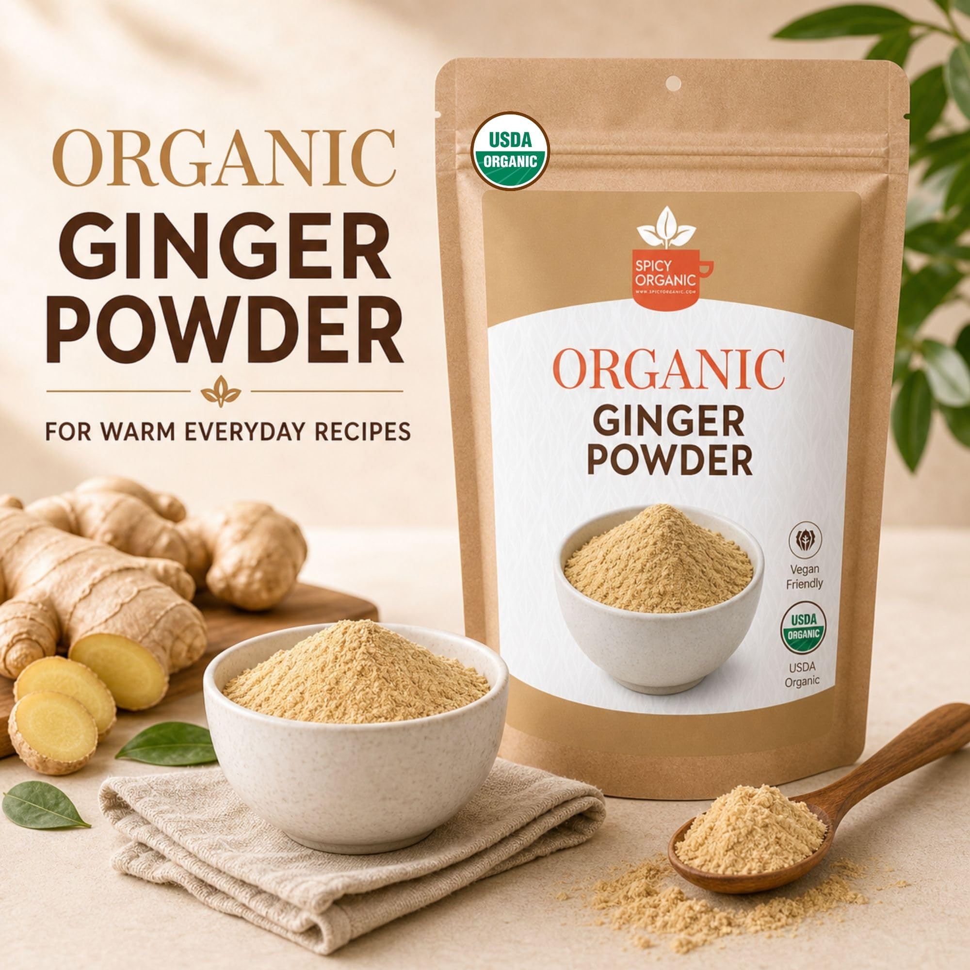 Organic Ginger Powder 16oz (454g) | Ground Ginger Spice from India | USDA Organic, Non-GMO, Gluten-Free | Great for Cooking, Baking, Smoothies, Teas