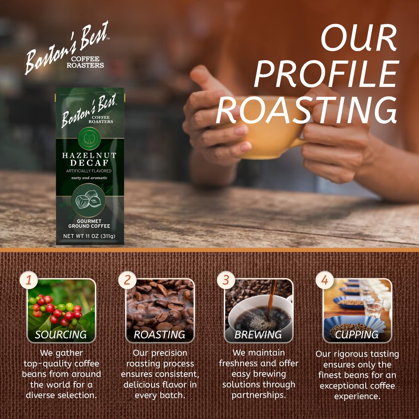 Boston’s Best Coffee - Hazelnut Decaf Gourmet Delicious Medium Roast Nutty Premium Ground Coffee, 11 oz. / 311 g Coffee Bag