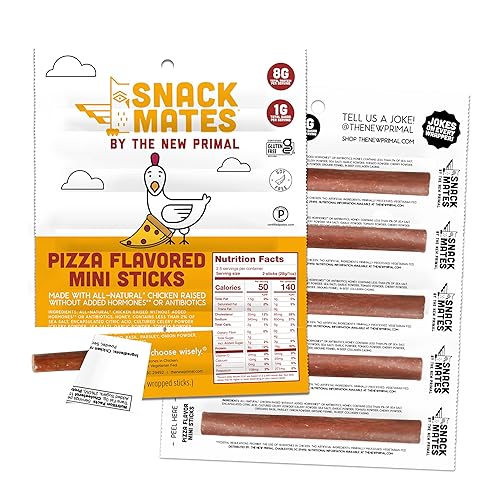 New Primal Snack Mates Pepperoni Pizza Chicken Sticks, Gluten Free Healthy Snacks for Kids, Low Sugar High Protein Back to School Snacks, Mini Paleo